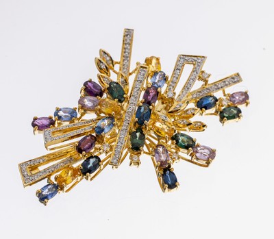 Image 26982719 - 18 kt Gold Saphir-Brillant-Brosche, GG 750/000, ausgefallenes Design, ovalfacett. ...