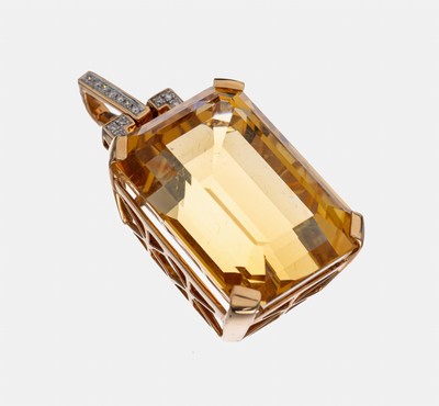 Image 18 kt gold citrine-brilliant-clip pendant , YG 750/000, bevelled citrine in emerald cut ...