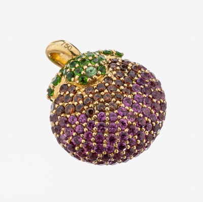 Image 18 kt gold coloured stone-pendant , YG 750/000, extraordinary design, round bevelled ...