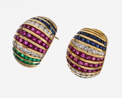 Image Pair of 18 kt gold brilliant-ruby-sapphire- emerald-earrings , YG 750/000, 36 ...