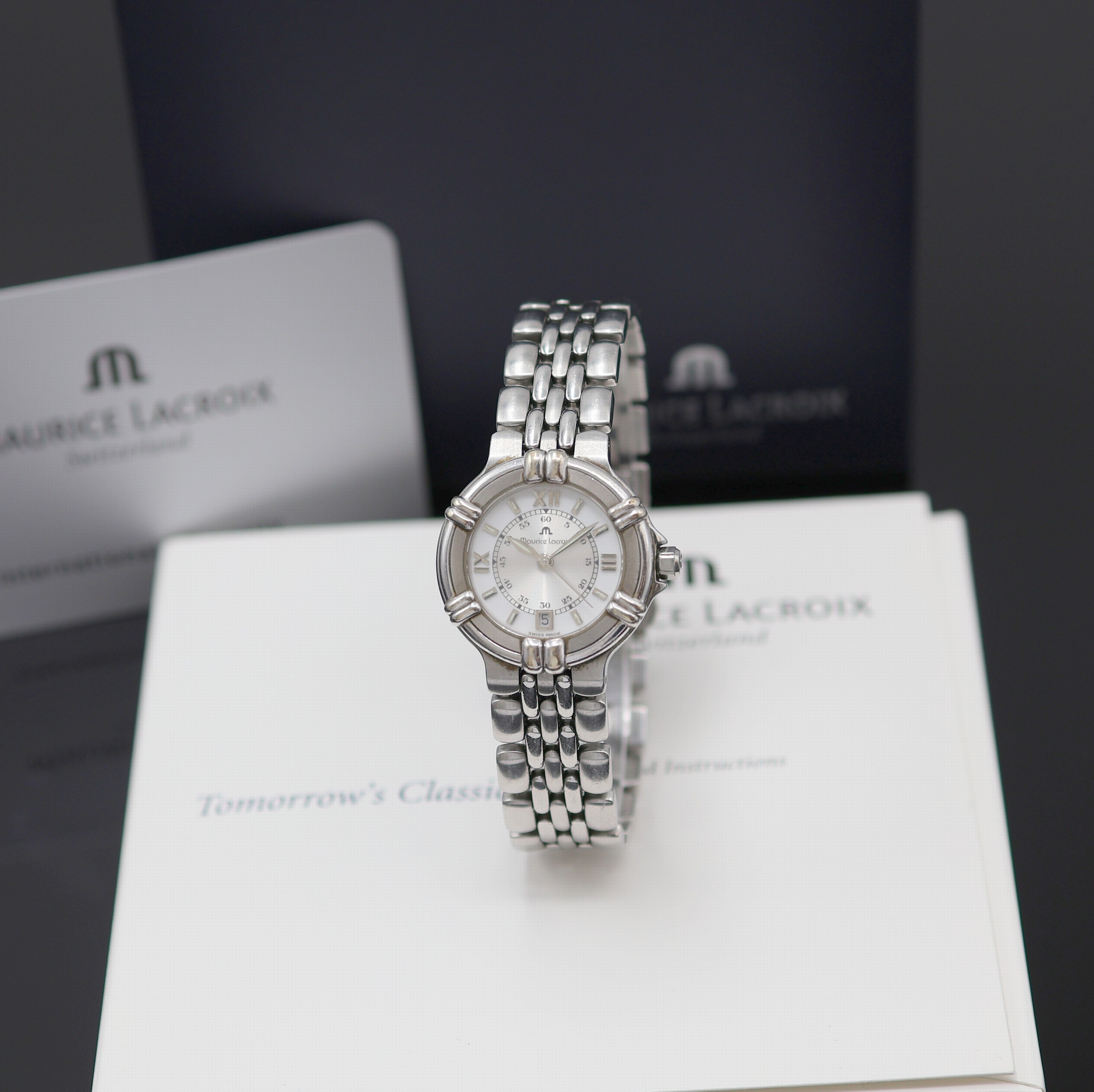 MAURICE LACROIX Calypso Damenarmbanduhr Referenz 75344, Schweiz um 2000, quarz, Edelstahlgeh. an orig. Gliederband m. dopp. Faltschl., Boden ...