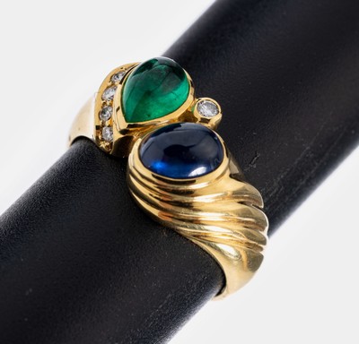 Image 18 kt gold emerald-sapphire-brilliant-ring ,YG 750/000, pear-shaped emerald-cabochon ...