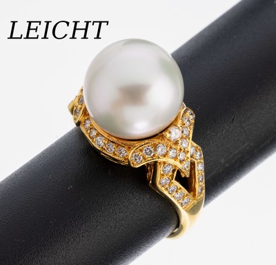 Image 26982936 - 18 kt Gold LEICHT Perl-Brillant-Ring, GG 750/000, Südseezuchtperle D. ca. 11.9 mm, ...