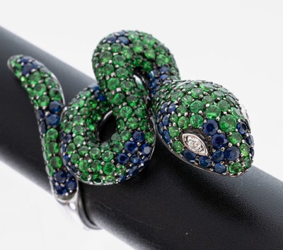 Image 26982949 - 18 kt Gold Tsavorith-Saphir-Brillant-Ring, WG 750/000, in Form einer Schlange, ...