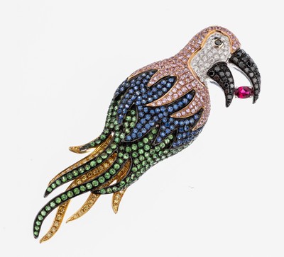 Image 26982981 - 18 kt Gold Diamant-Farbstein-Brosche/Anhänger "Papagei", GG/WG 750/000, ...
