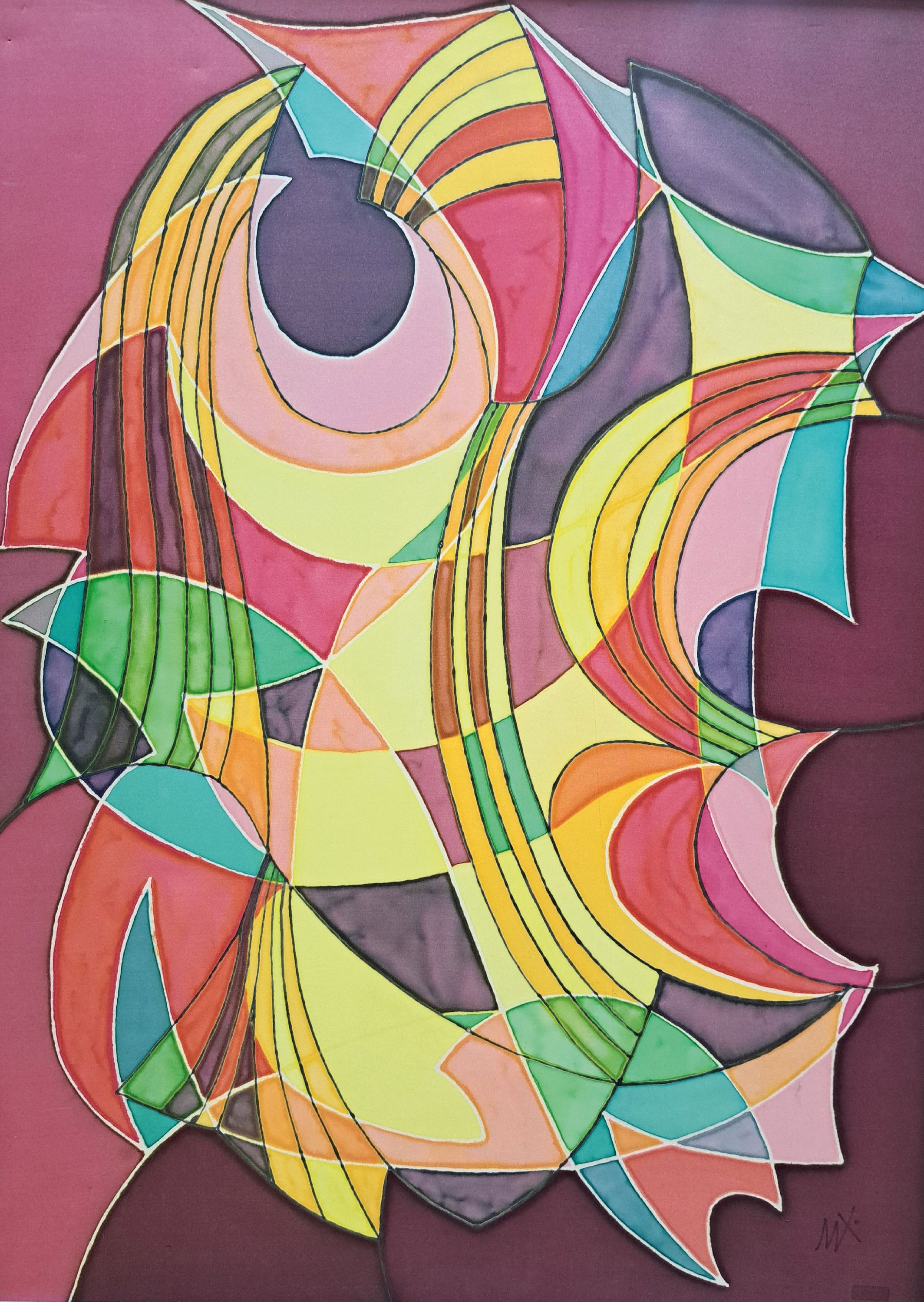 Detail k: Ursula Kühnemann, 1924-2008, Seidenmalerei aus 1993, sign., R., gesamt ca. 73x53 cm , gebrsp.,