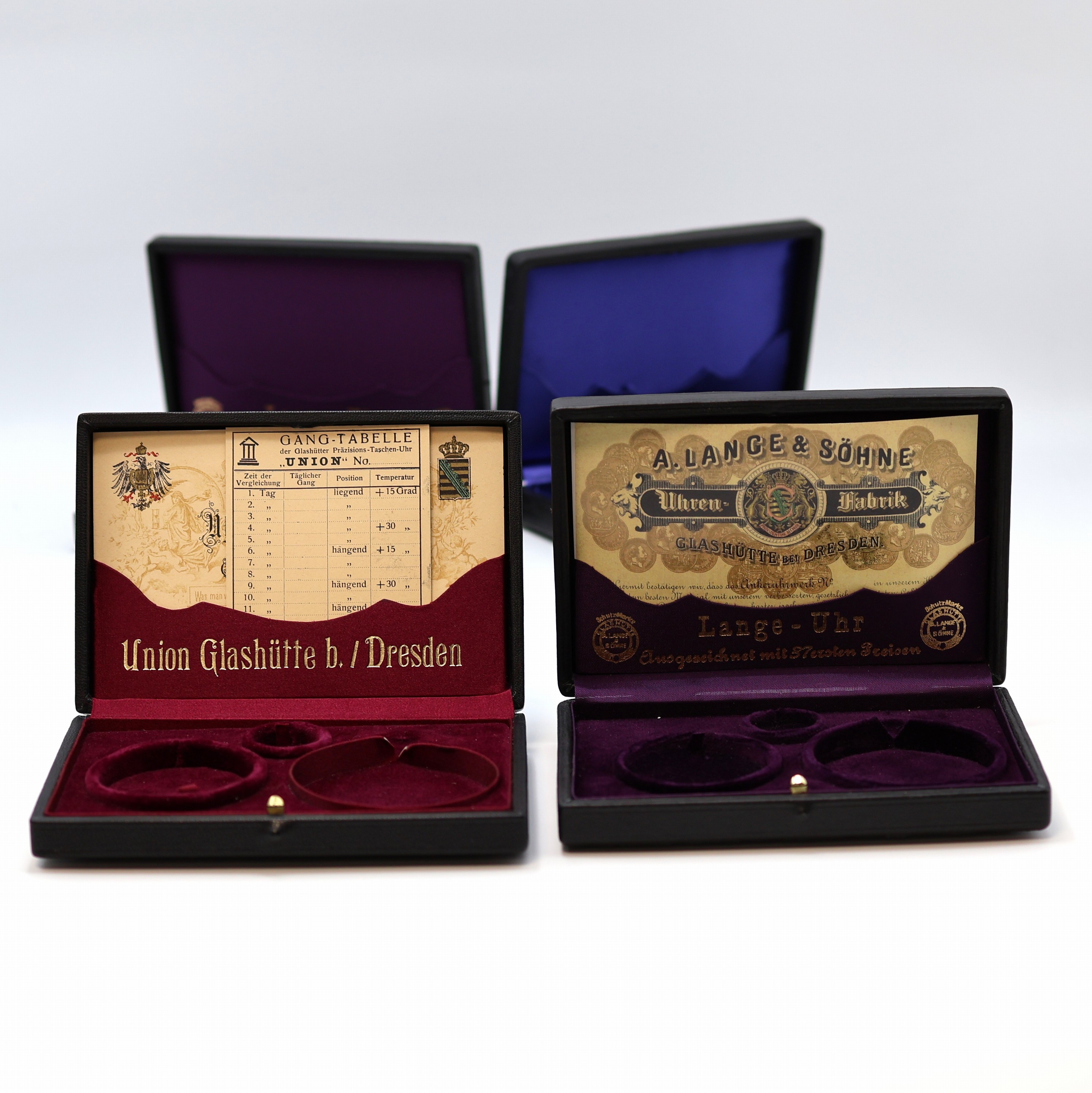 Detail a: Konvolut: 4 Glashütter Taschenuhrboxen, moderner Nachbau um 2000, 1 x A. Lange & Söhne für D. ca. 55 mm, 1 x Deutsche Uhrmacherschule für D. ca. ...