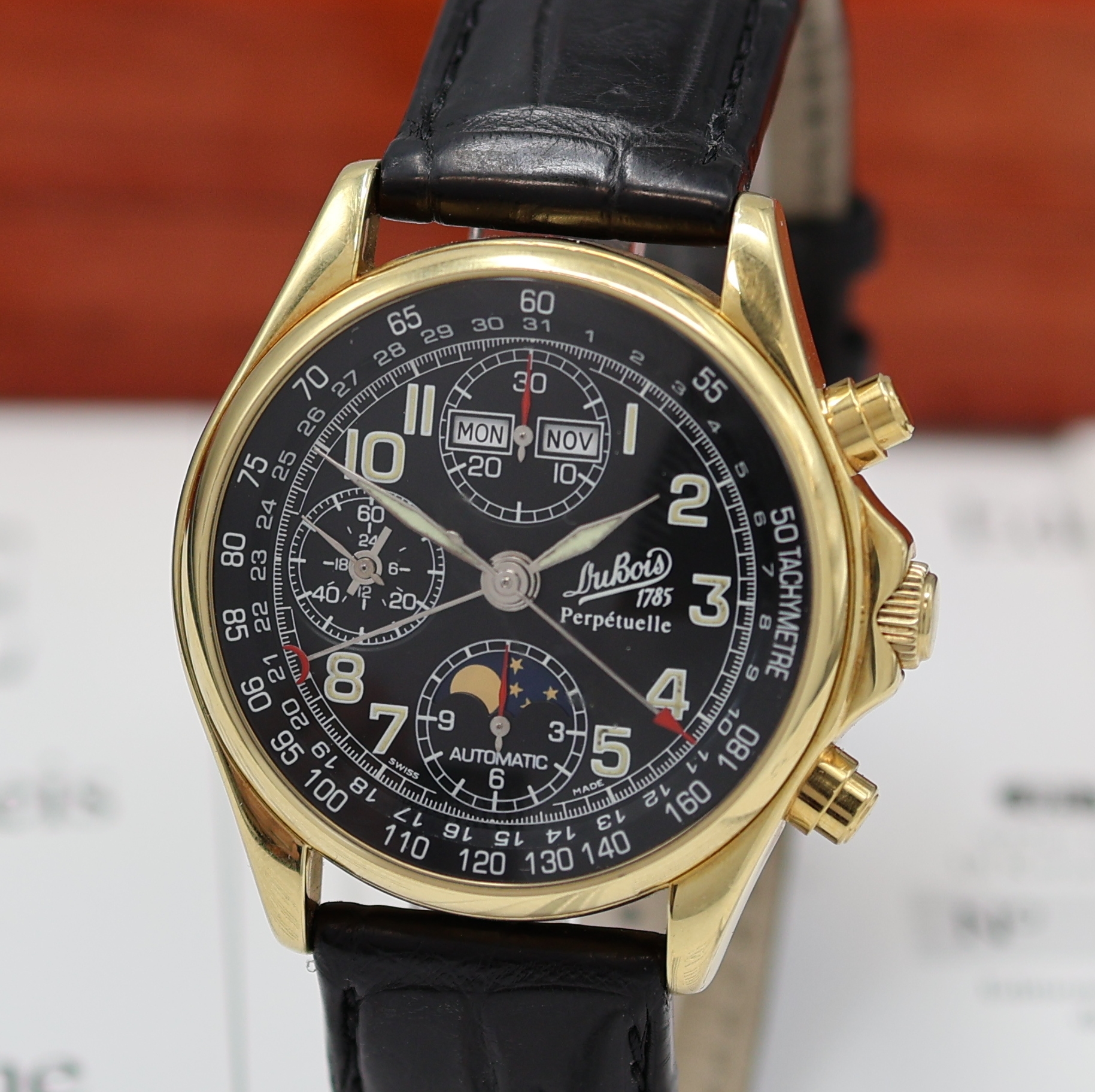 Detail a: PHILIPPE Du Bois seltene, auf 1999 Stück limitierte Armbanduhr Le Chronographe Perpétuelle in GG 750/000, Automatik, massives Goldgeh., mit eingel. ...