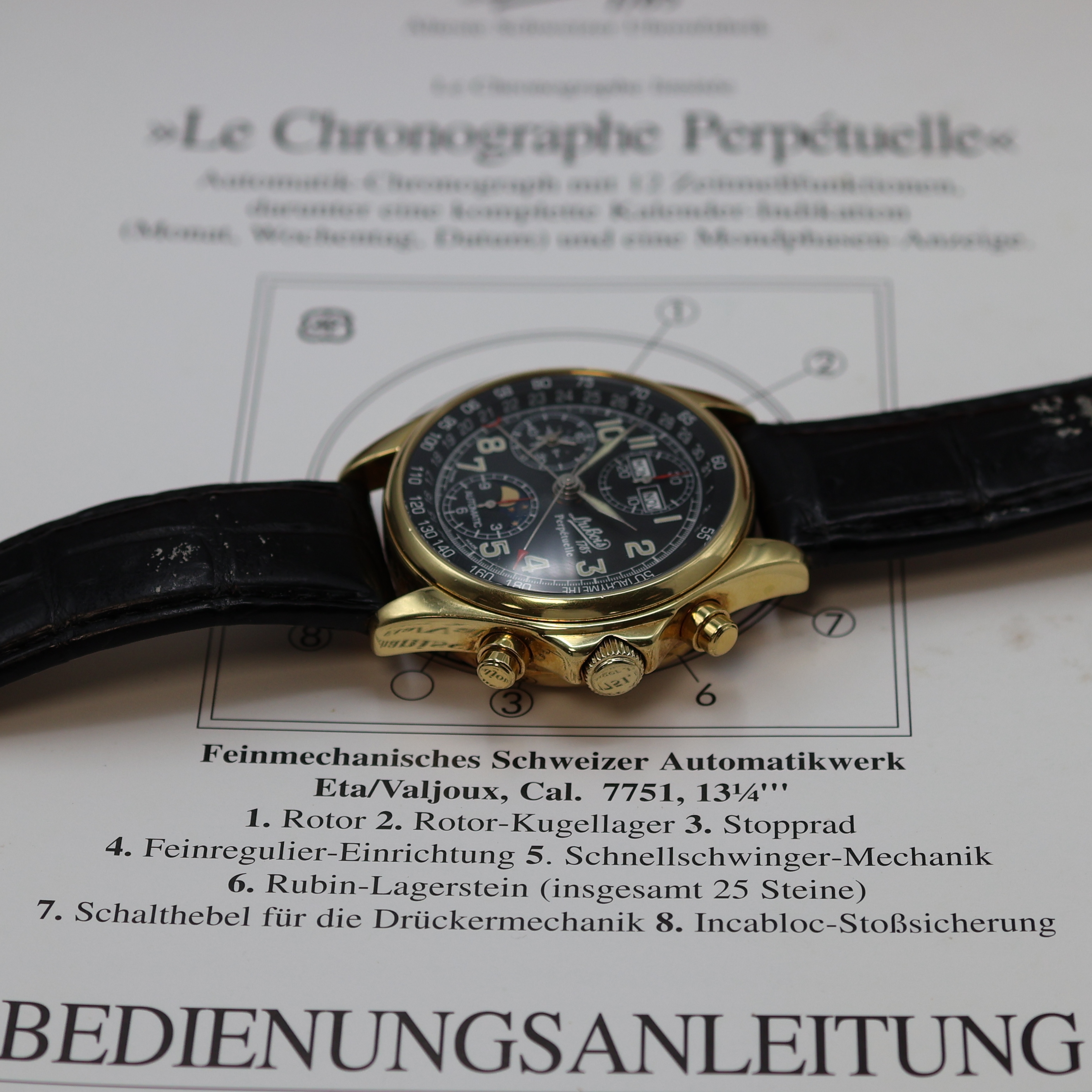 Detail g: PHILIPPE Du Bois seltene, auf 1999 Stück limitierte Armbanduhr Le Chronographe Perpétuelle in GG 750/000, Automatik, massives Goldgeh., mit eingel. ...