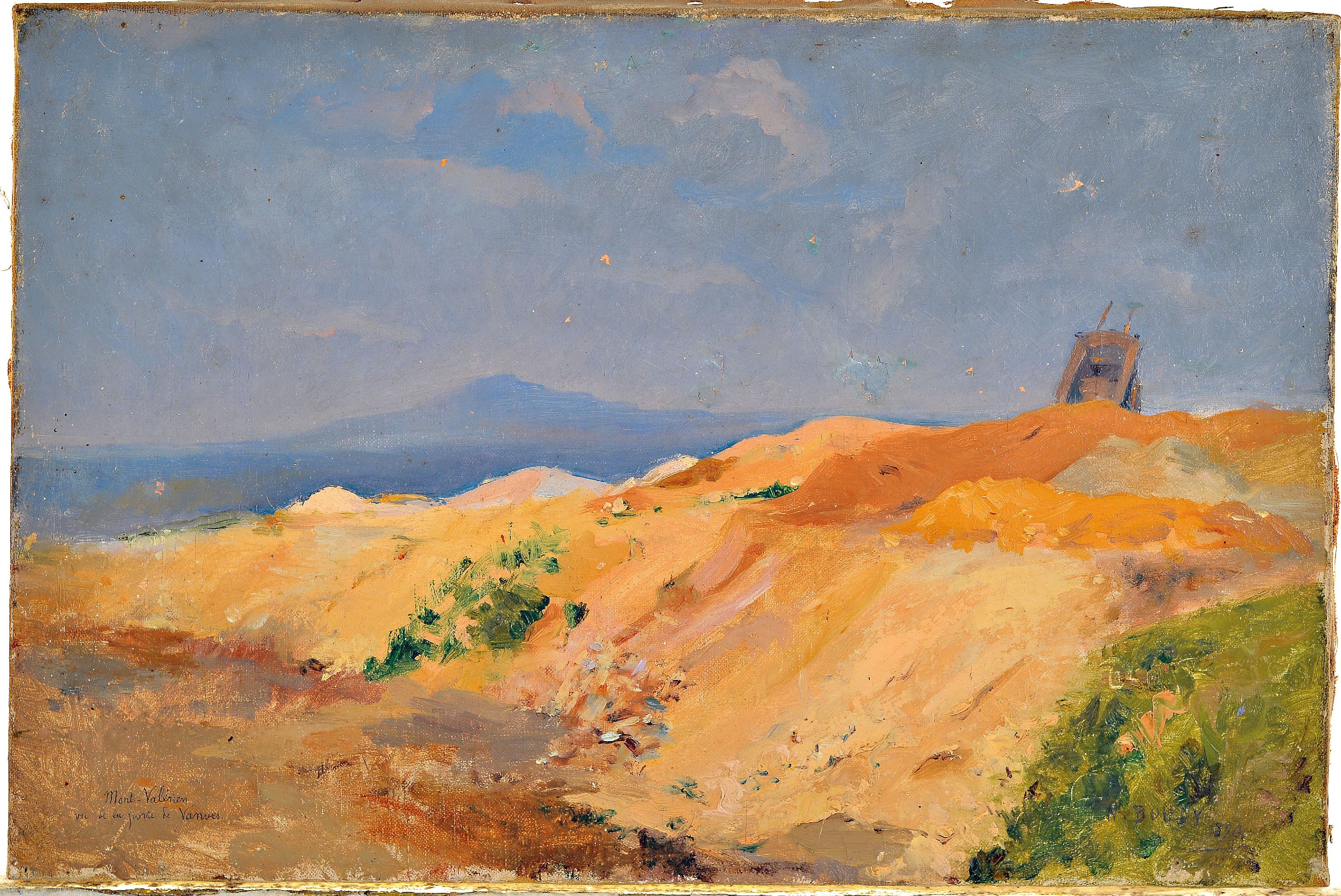 Detail k: Noel Boudy, gest. 1902, Dünenlandschaft, Öl/Lwd, rechts unten sign. und dat. 1890, links unten bez.: Mont-Valérien, vue de la porte de Vanves, ca. ...