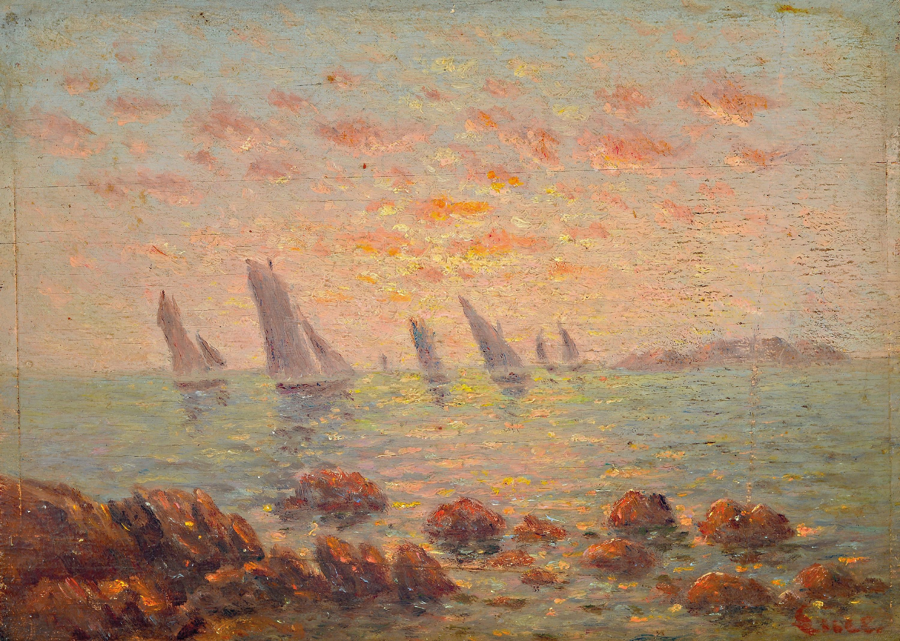 Zuschreibung: Maximilien Luce, 1858-1941, Segelboote vor einer felsigen Küste, Öl/Holz, rechts unten signiert, ca. 16x22cm
