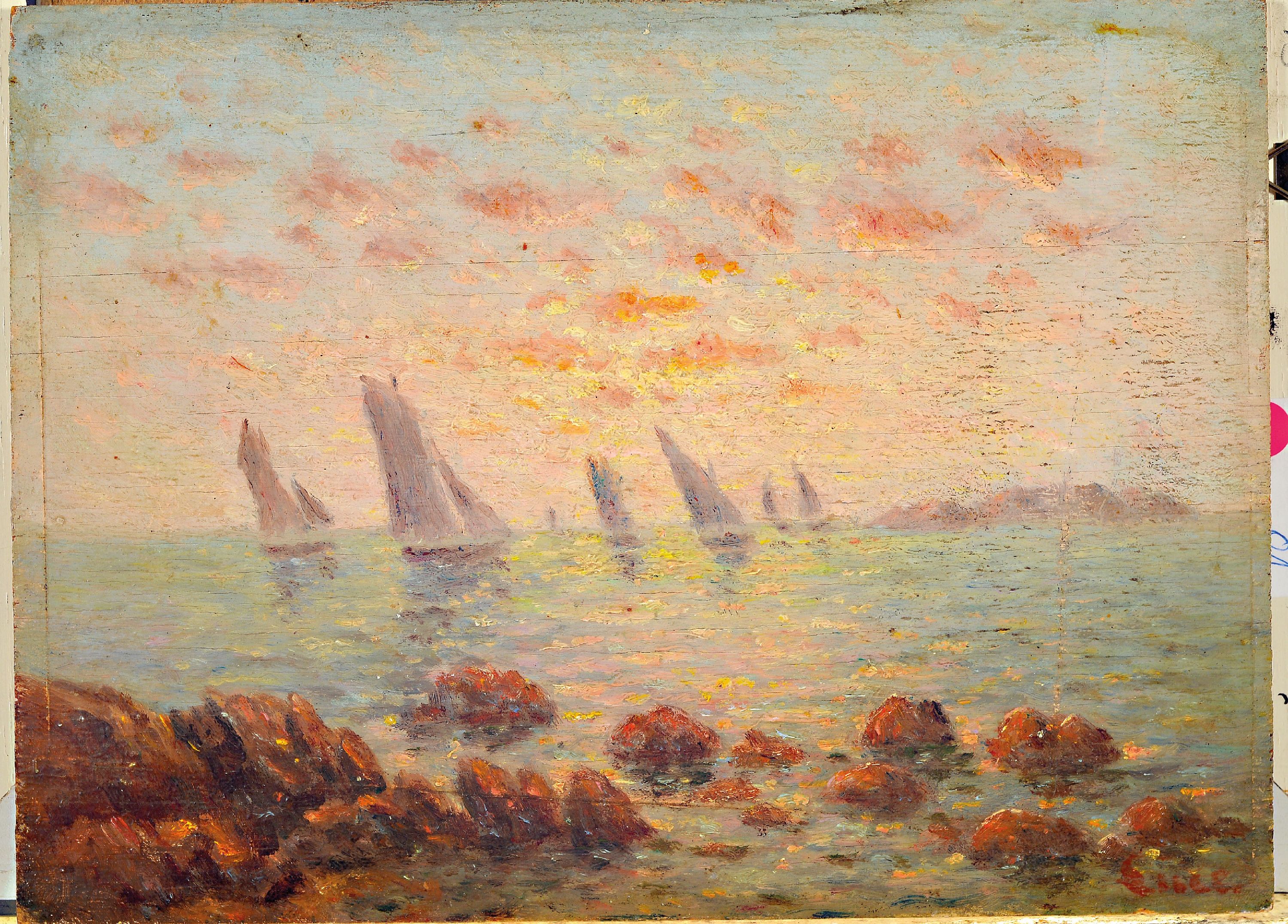 Detail k: Zuschreibung: Maximilien Luce, 1858-1941, Segelboote vor einer felsigen Küste, Öl/Holz, rechts unten signiert, ca. 16x22cm
