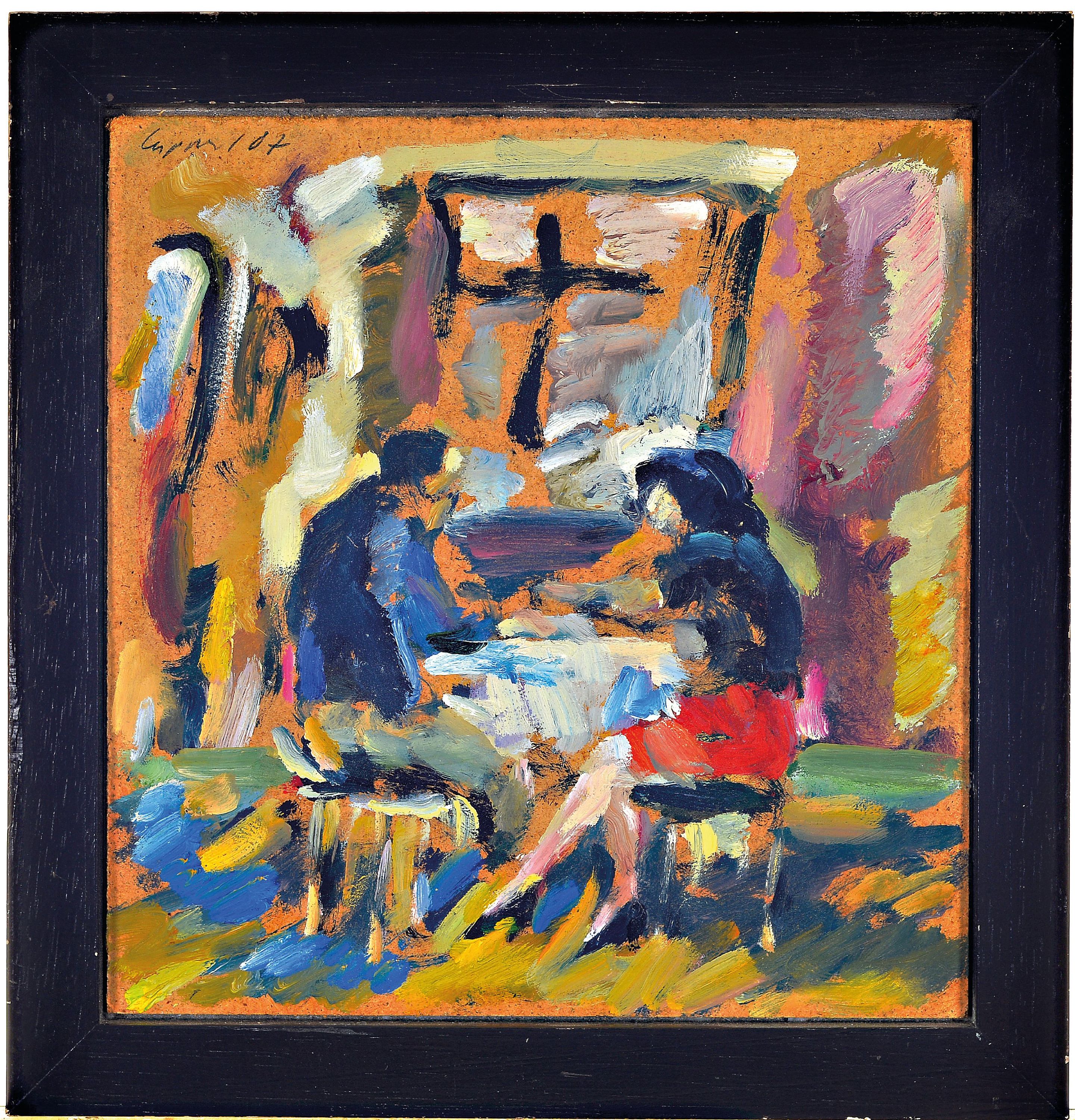 Detail k: Jürgen Leippert, geb. 1944, Paar im Café, Öl/Hartfaser, links oben sign. und dat. 87, ca. 20x20cm, R. ca. 24x24cm