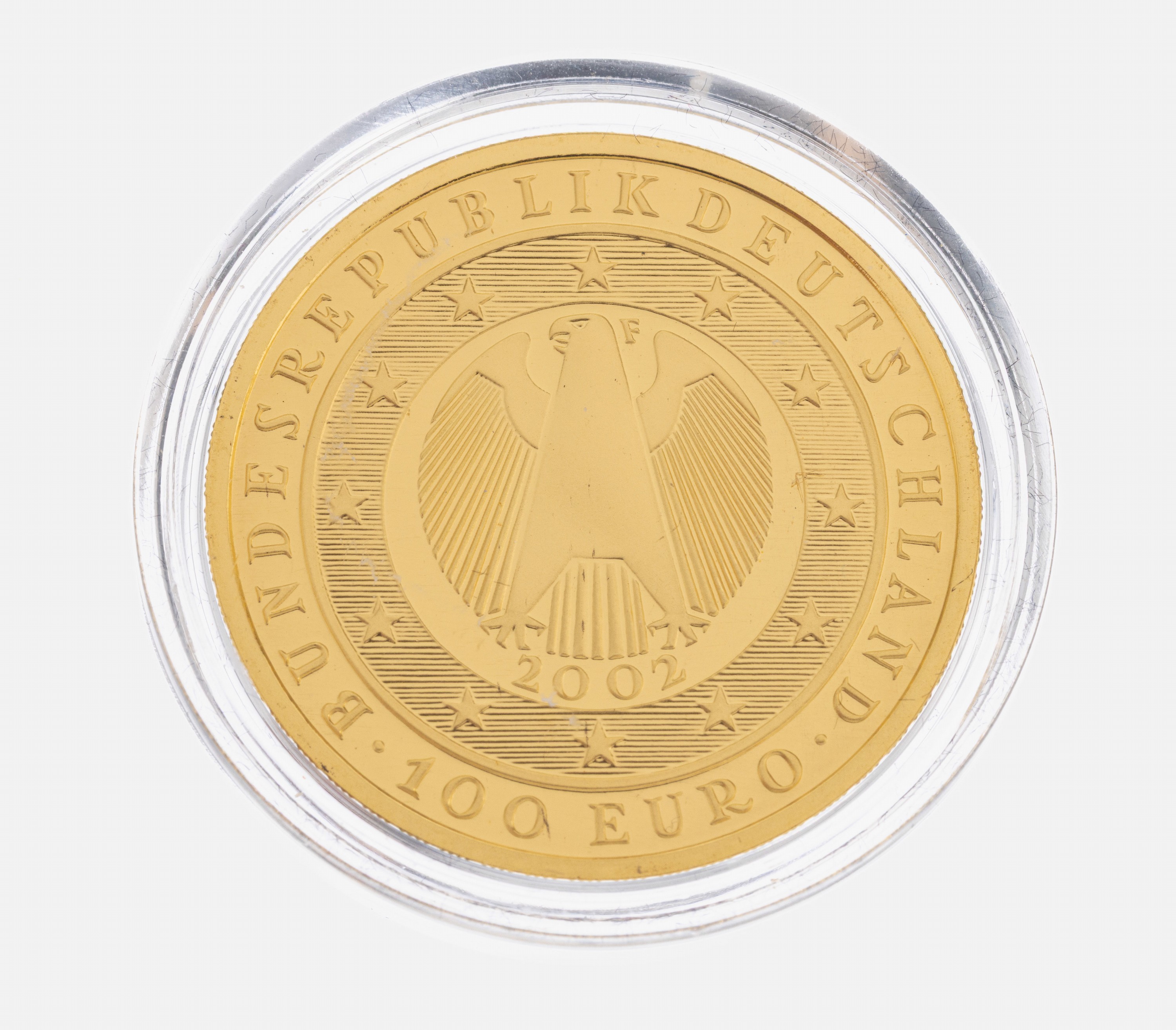 100 Euro Goldmünze, 2002, GG 999/000, 1/2 Unze 15.55 g, Übergang zur Währungsunion, PP, Münzkapsel, Auflage 500000, orig. Etui und ...
