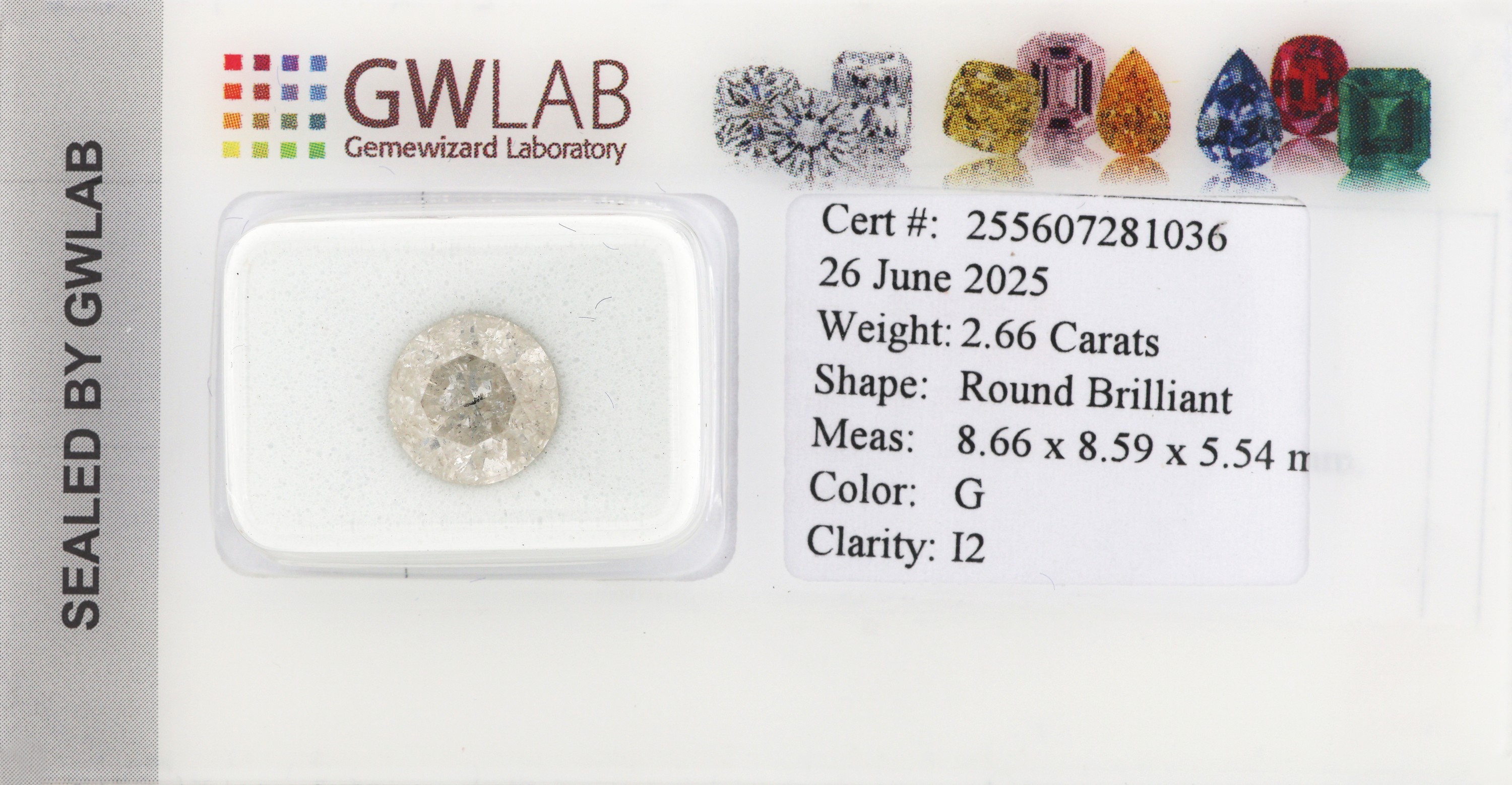 Loser Brillant, 2.66 ct l. get. Weiß/p3, eingeschweißt, mit GWLAB-Expertise, Blister leicht geöffnet, laut GWLAB Mini Report G/p2