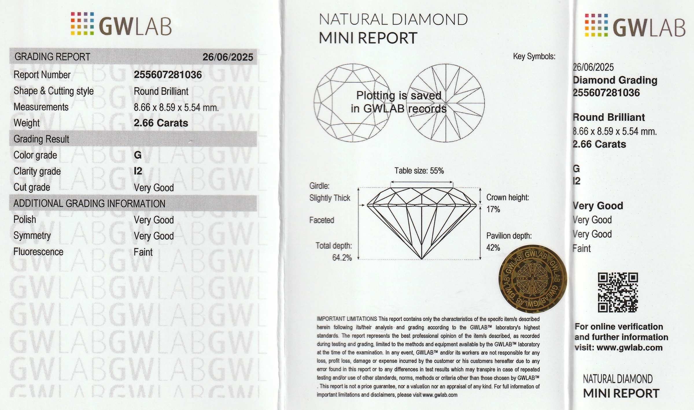 Detail a: Loser Brillant, 2.66 ct l. get. Weiß/p3, eingeschweißt, mit GWLAB-Expertise, Blister leicht geöffnet, laut GWLAB Mini Report G/p2
