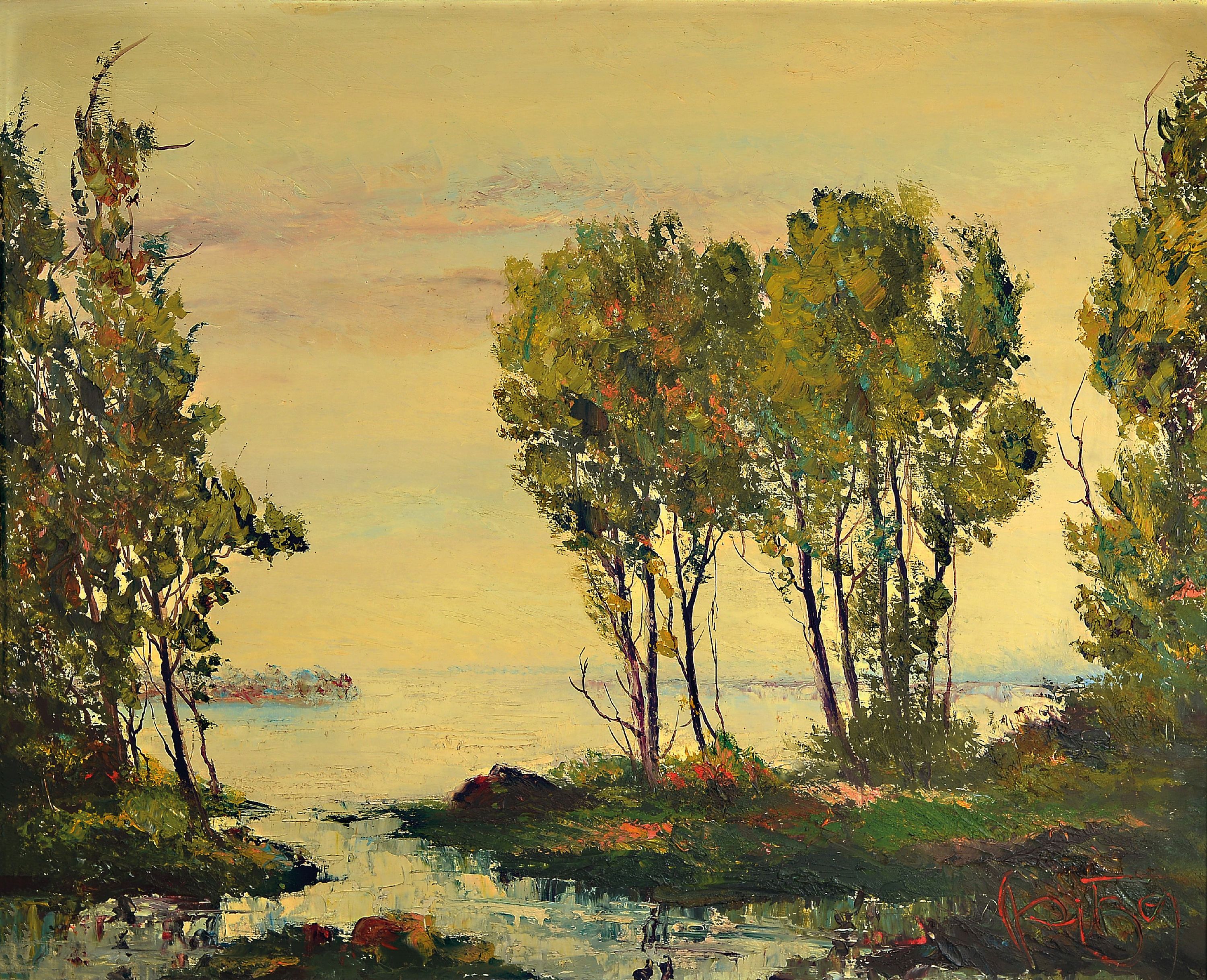Karl Philippe Spitzer, 1887 - 1954 Speyer, zwei Ölgemälde, a. Altrheinlandschaft, Öl/Platte, re. u. signiert, ca. 81.5 x 99.5 cm, Rahmen ca. 94 x ...