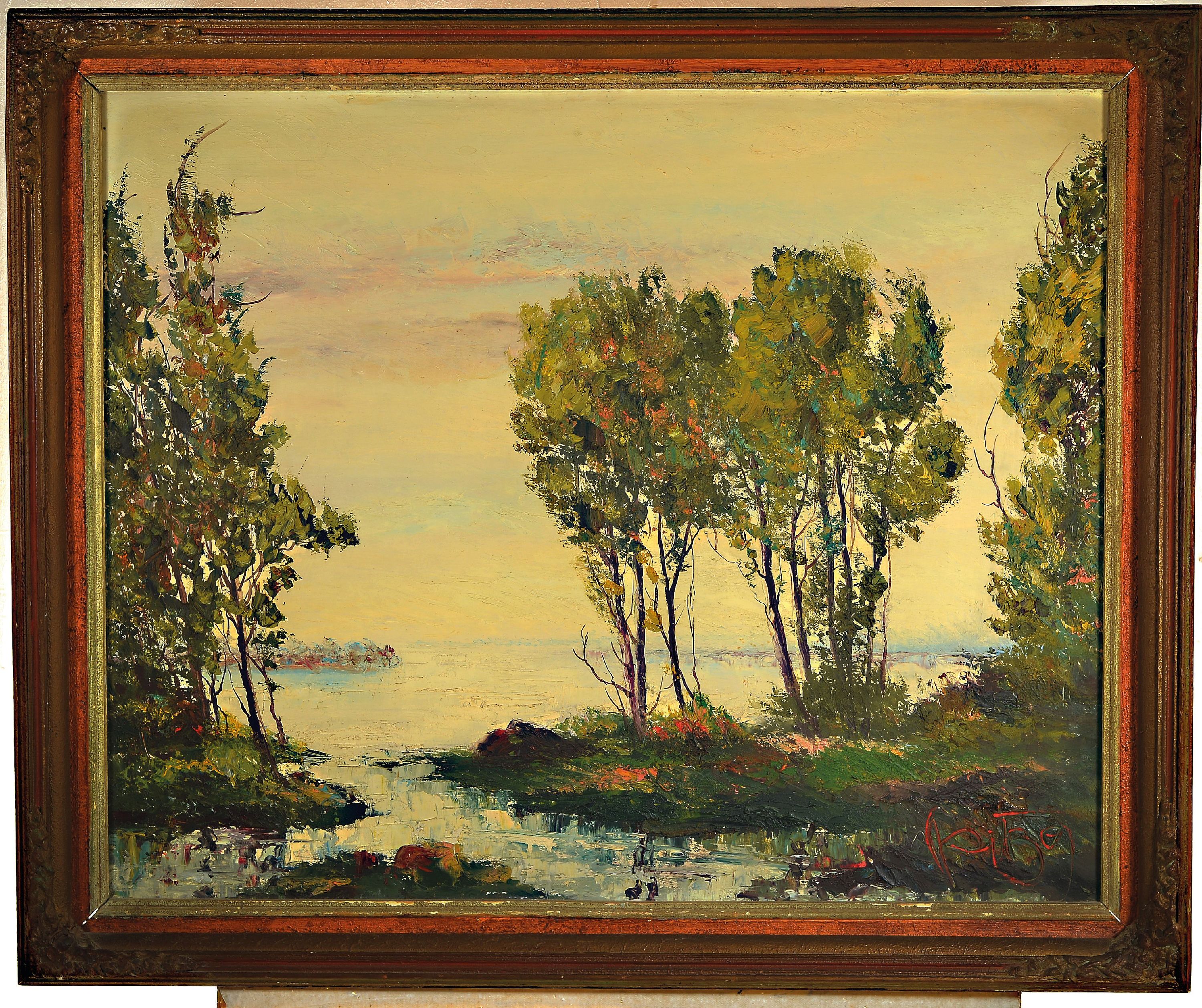 Detail k: Karl Philippe Spitzer, 1887 - 1954 Speyer, zwei Ölgemälde, a. Altrheinlandschaft, Öl/Platte, re. u. signiert, ca. 81.5 x 99.5 cm, Rahmen ca. 94 x ...