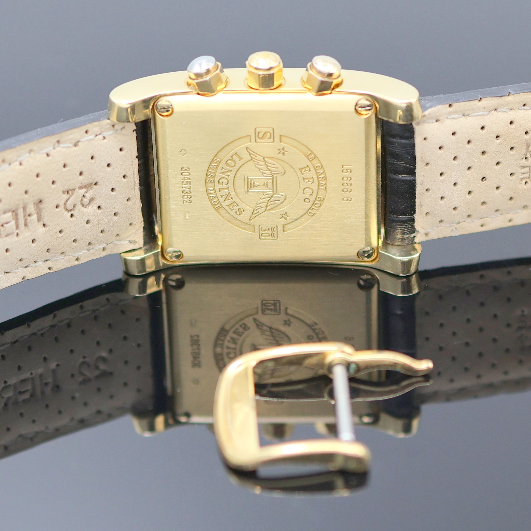 Detail e: LONGINES Dolce Vita Armbandchronograph in GG 750/000 Referenz L5.656.6, Schweiz um 2015, quarz, rechteck. Geh., Boden 4-fach verschr., weisses ...