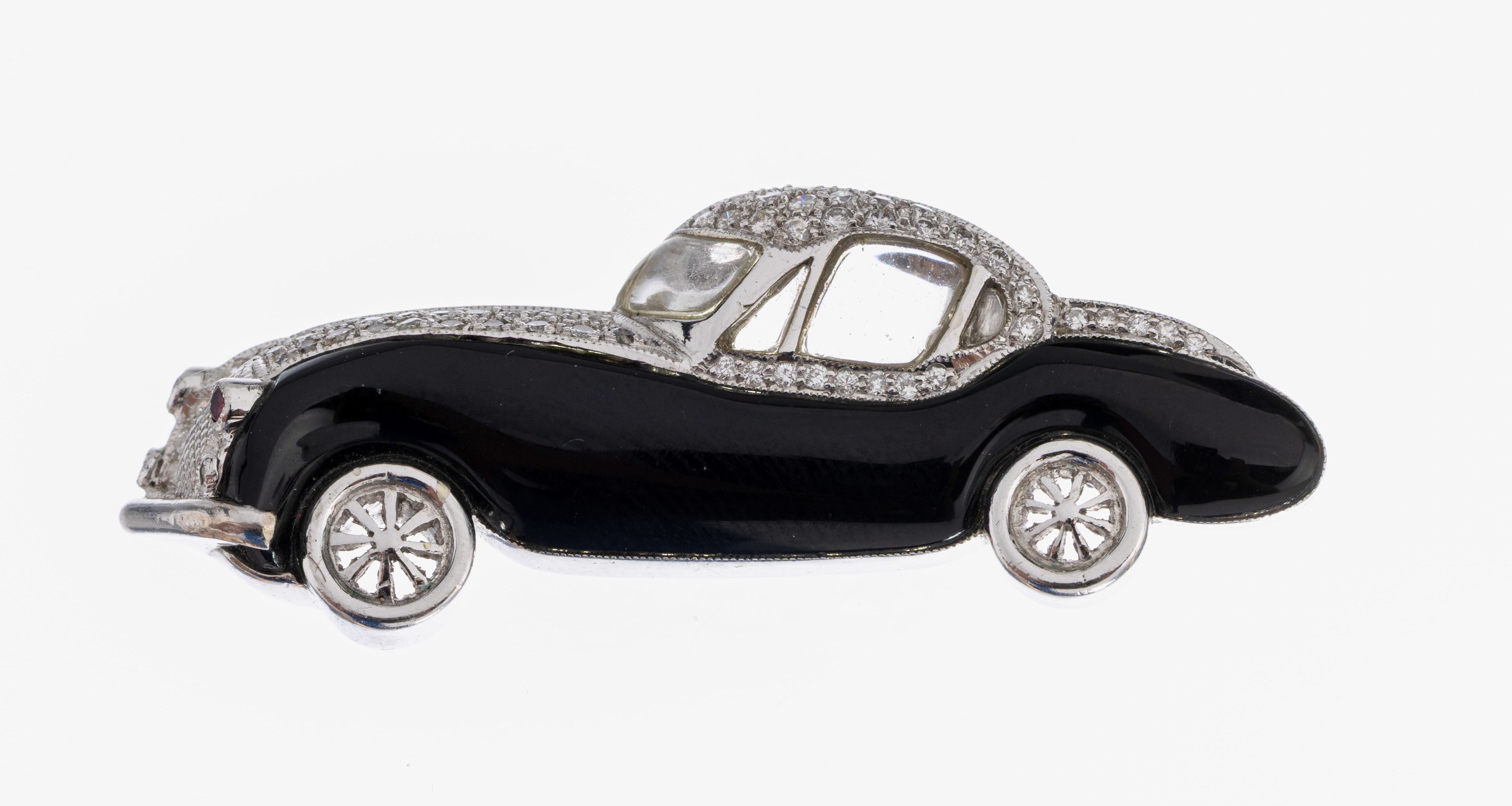 Image 26983514 - 18 kt Gold Brillant-Onyx-Brosche ´Oldtimer´, WG 750/000 gepr., plastische ...