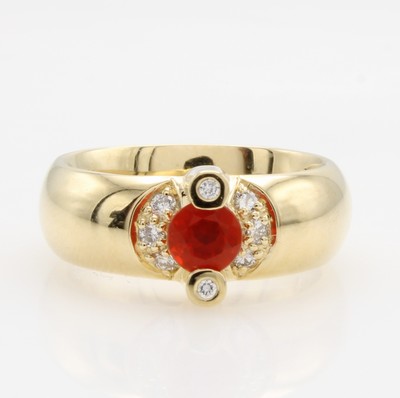 26983506a - Ring mit Feueropal und Brillanten, GG 585/ 000, runder Feueropal, Brill. zus. ca. 0.14 ...