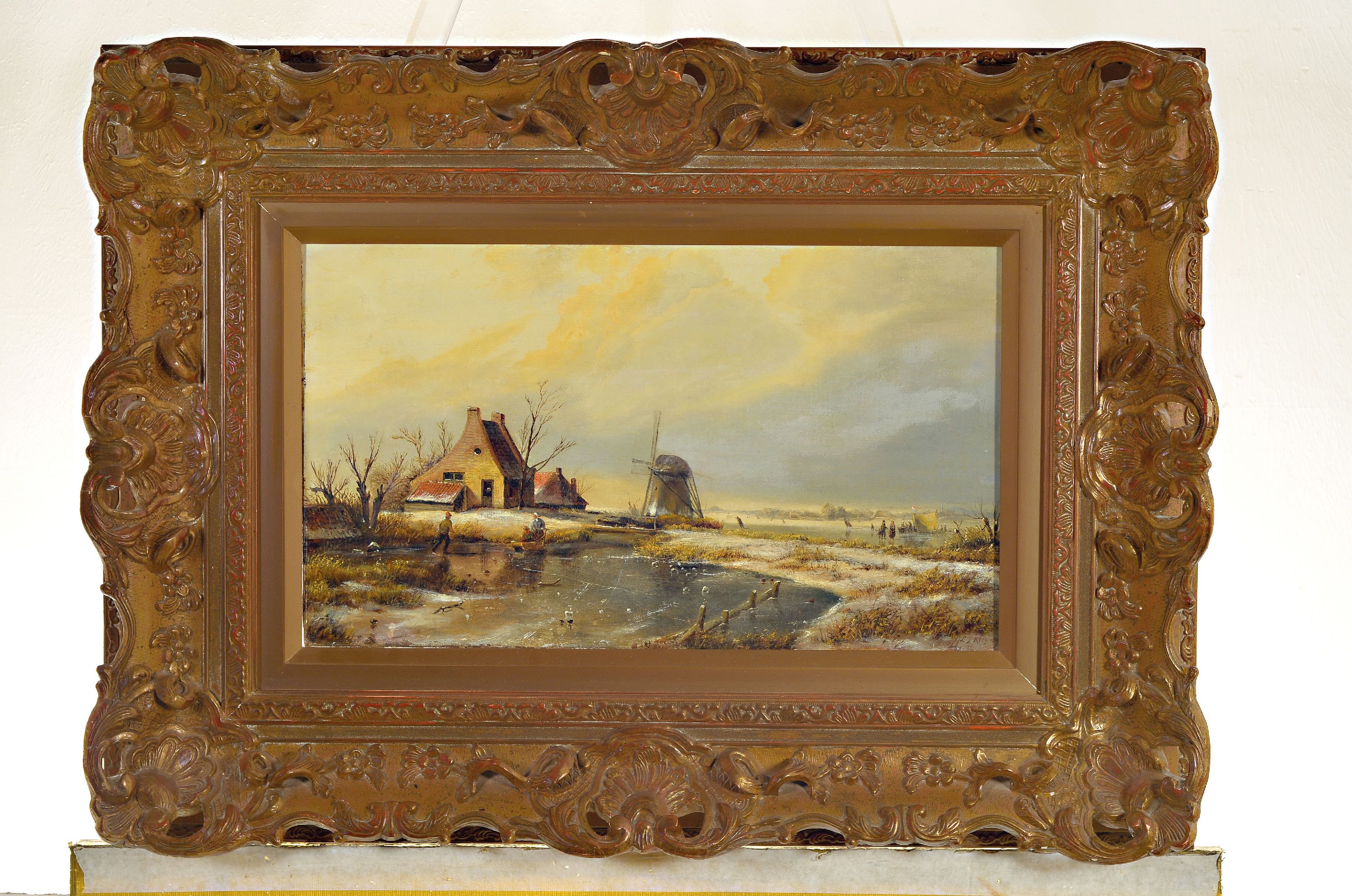 Detail k: Johannes Lodewijk Kleijn, Den Haag 1817 - 1897, Eisvergnügen, reiche figurenreiche Darstellung, zwei Eisflächen mit Schlittschuhläufern und ...