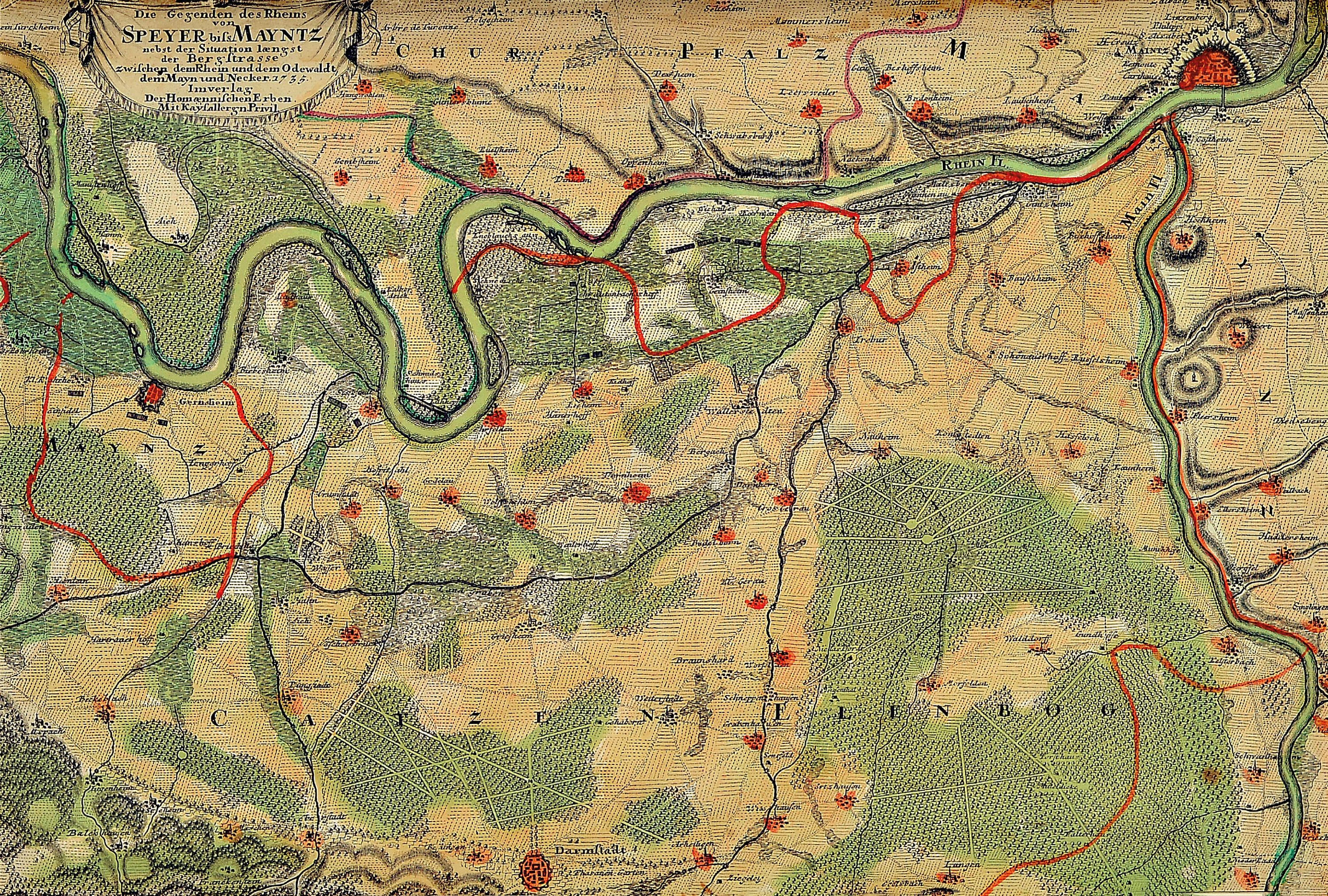 Detail a: Zwei Kupferstiche: Homann'sche Erben, Die Gegenden des Rheins Speyer bis Mayntz, 1735, koloriert, ca. 30 x 45 cm, PP., unter Glas, Rahmen ca. 53 ...