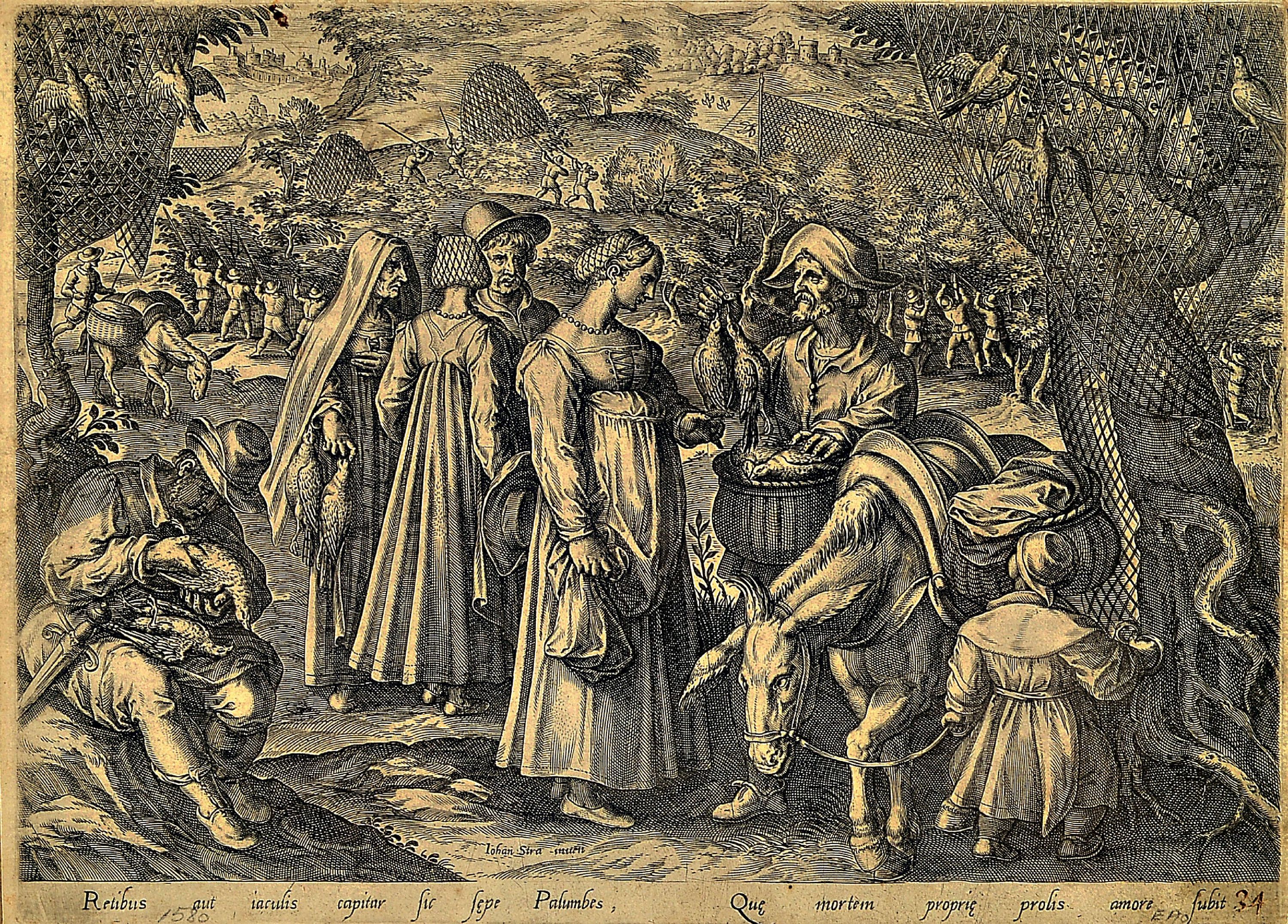 Image 26983739 - Johannes Stradanus, 1523 - 1605, vier Kupferstiche, Markt, Jagdszenen, leichte ...