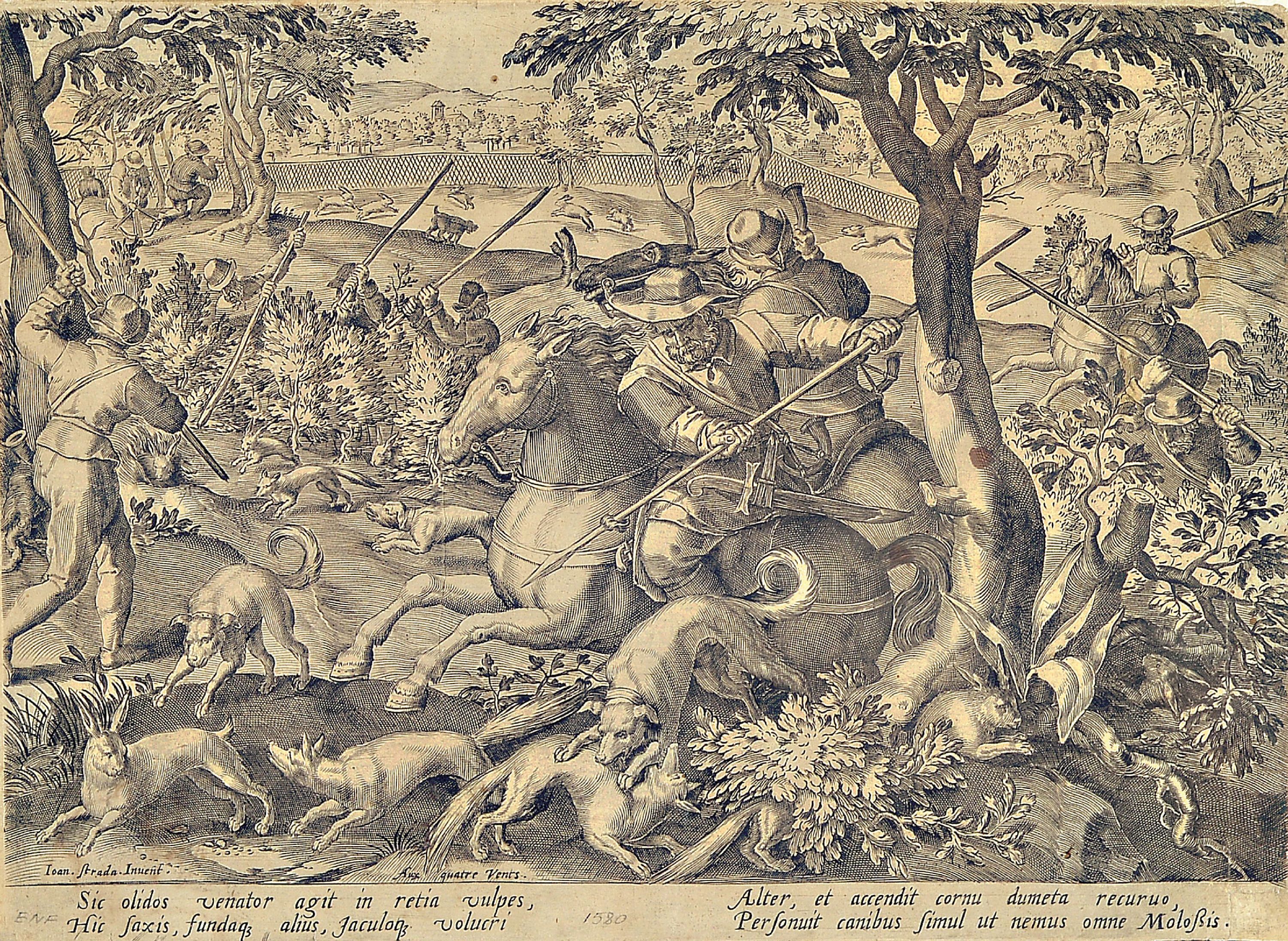 Detail a: Johannes Stradanus, 1523 - 1605, vier Kupferstiche, Markt, Jagdszenen, leichte Altersspuren, unter Glas gerahmt, je gesamt ca. 54x43 cm