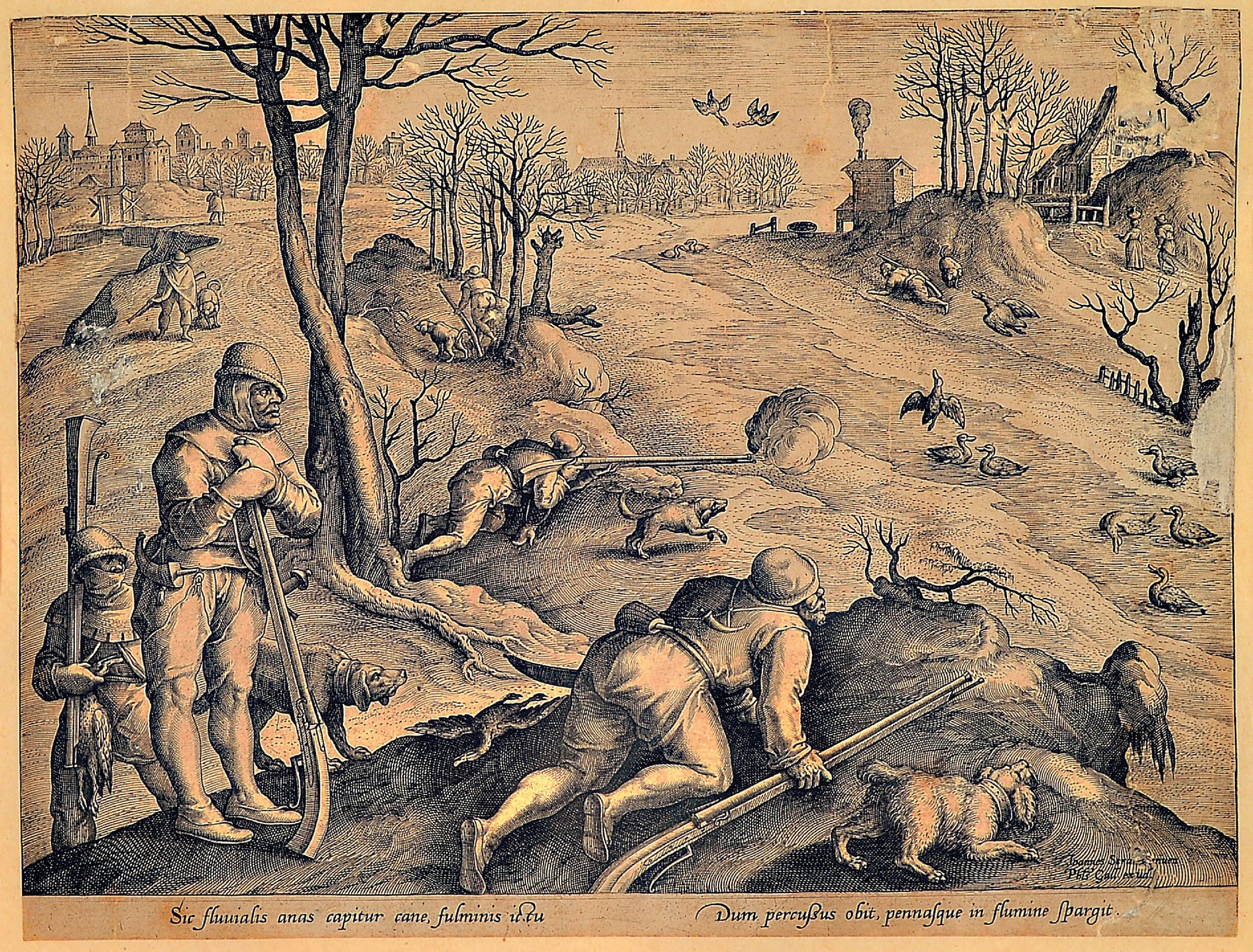 Detail b: Johannes Stradanus, 1523 - 1605, vier Kupferstiche, Markt, Jagdszenen, leichte Altersspuren, unter Glas gerahmt, je gesamt ca. 54x43 cm