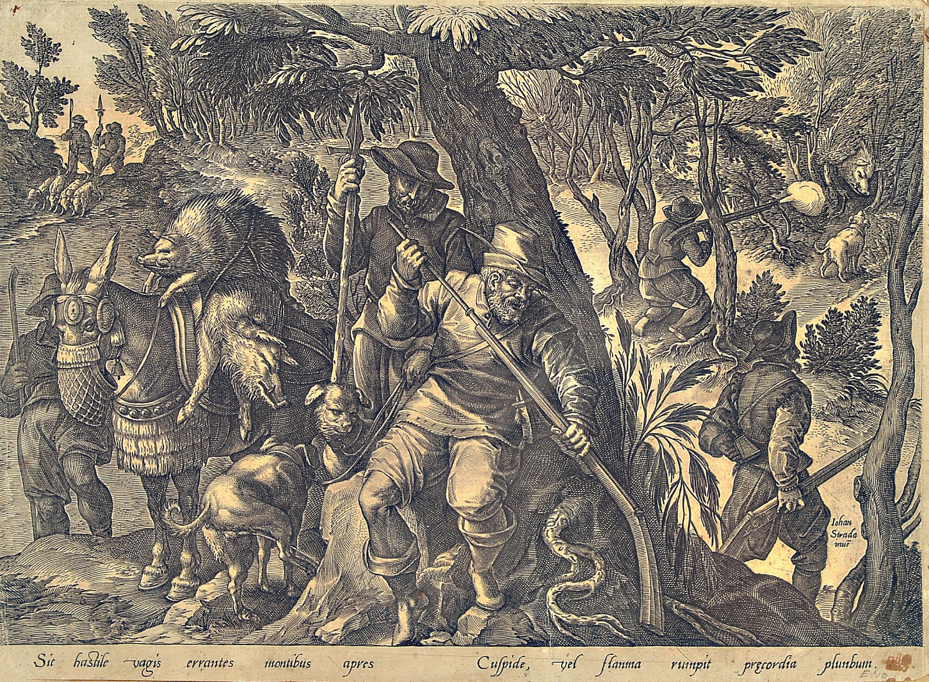 Detail c: Johannes Stradanus, 1523 - 1605, vier Kupferstiche, Markt, Jagdszenen, leichte Altersspuren, unter Glas gerahmt, je gesamt ca. 54x43 cm