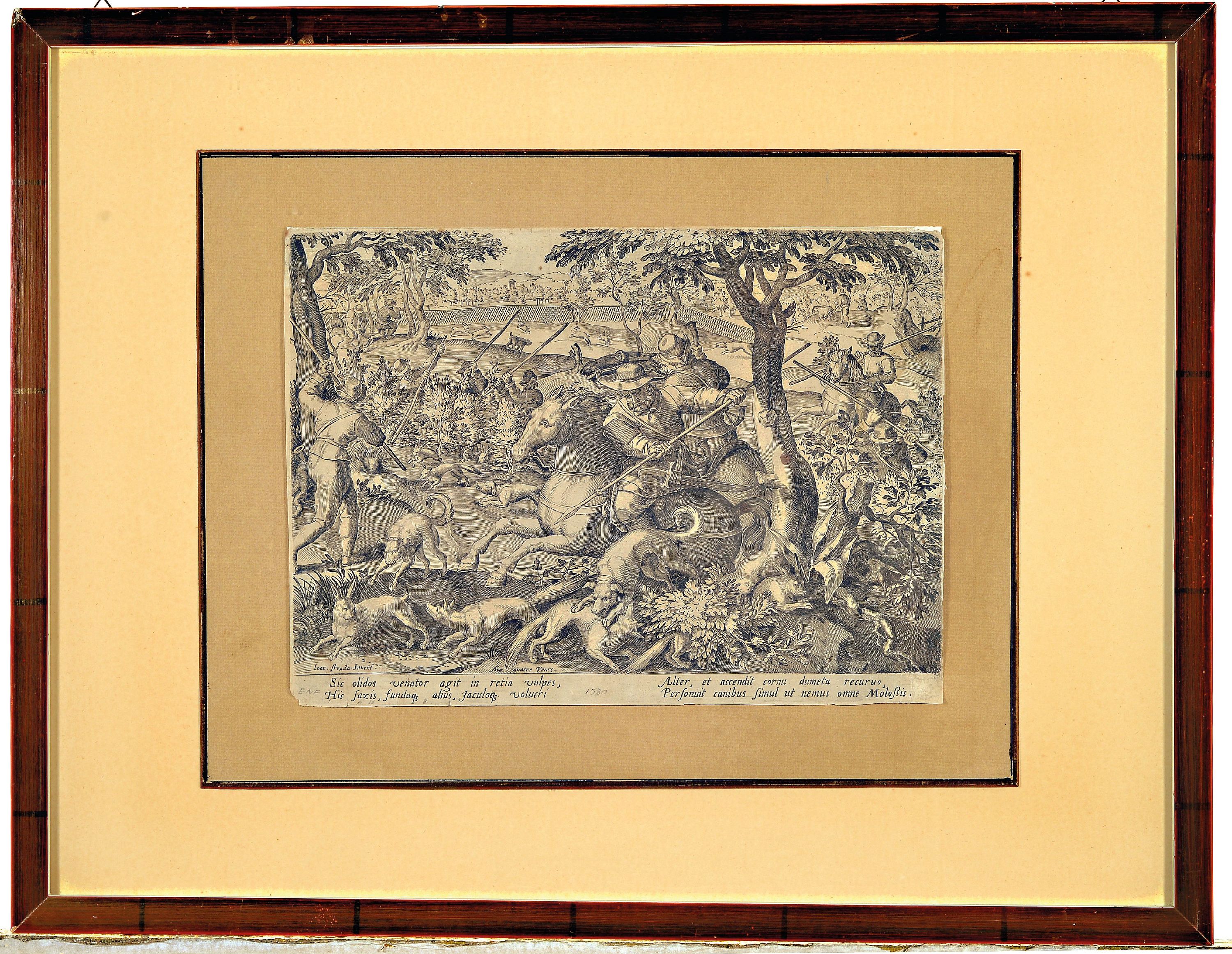 Detail l: Johannes Stradanus, 1523 - 1605, vier Kupferstiche, Markt, Jagdszenen, leichte Altersspuren, unter Glas gerahmt, je gesamt ca. 54x43 cm