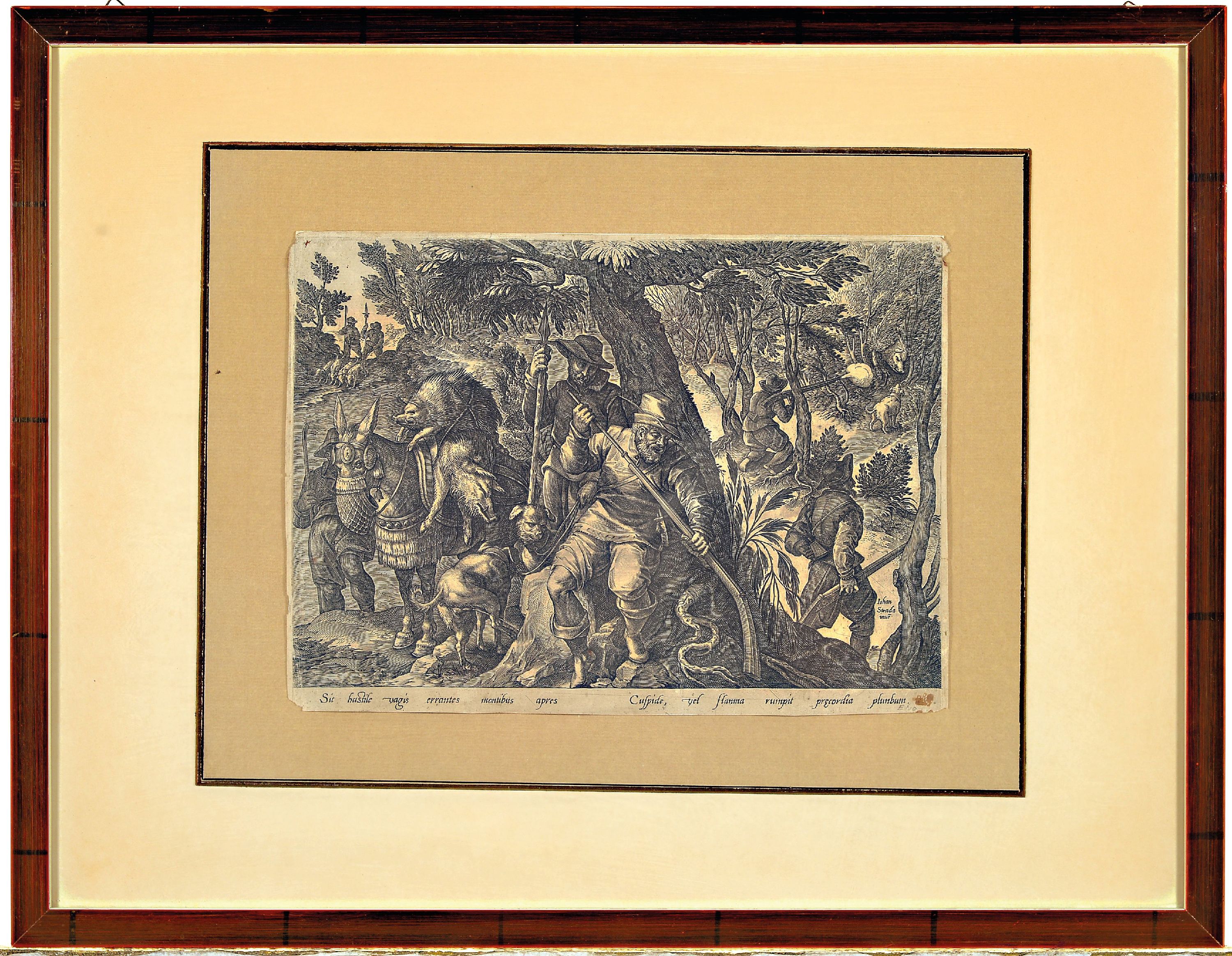Detail n: Johannes Stradanus, 1523 - 1605, vier Kupferstiche, Markt, Jagdszenen, leichte Altersspuren, unter Glas gerahmt, je gesamt ca. 54x43 cm