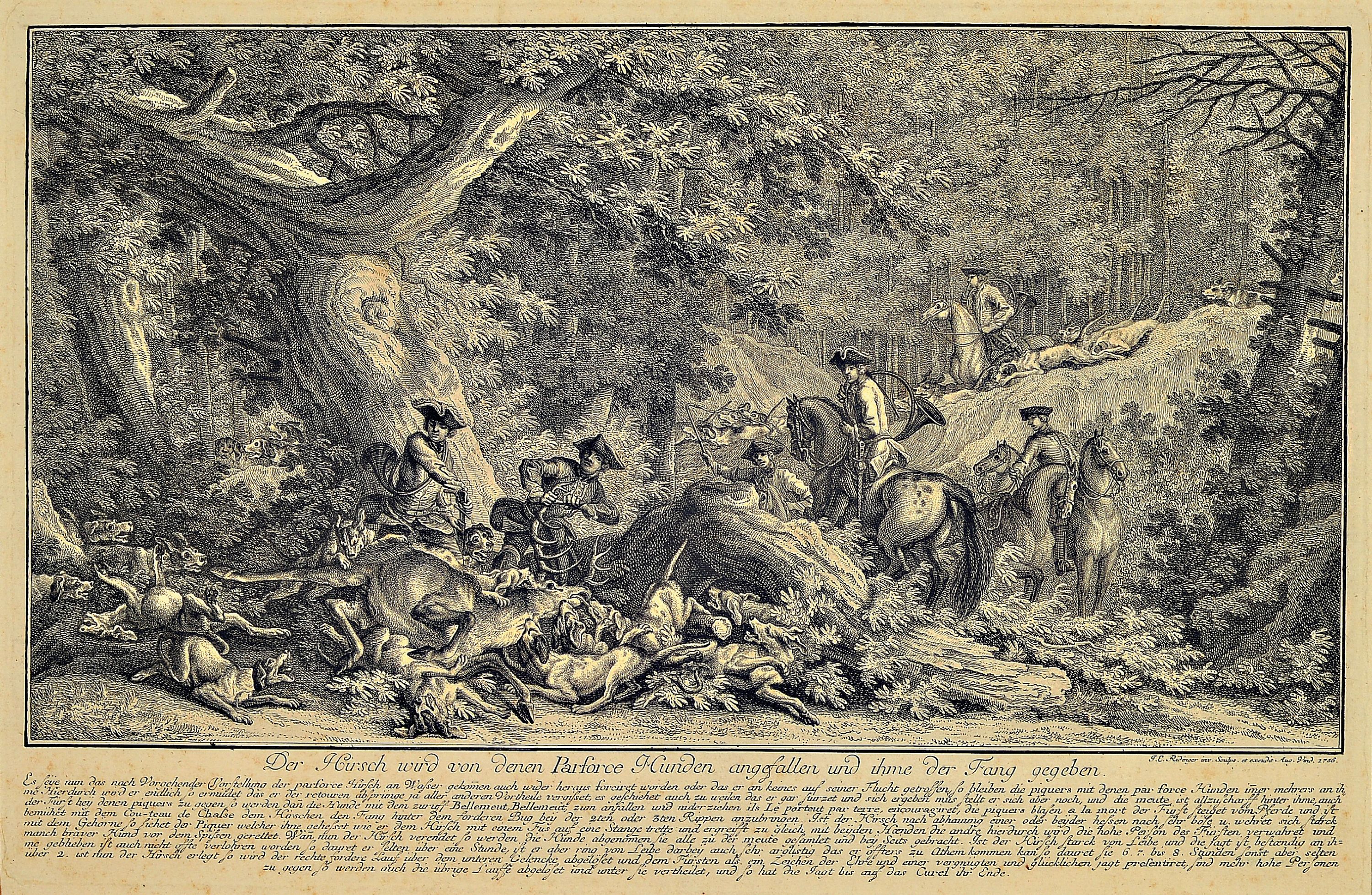 Johannes Elias Ridinger, zwei Kupferstiche, Der Hirsch wird, von denen Parforce Hunden angefallen..., und Das Curreé, beide unter Glas, Rahmen, PP., ...