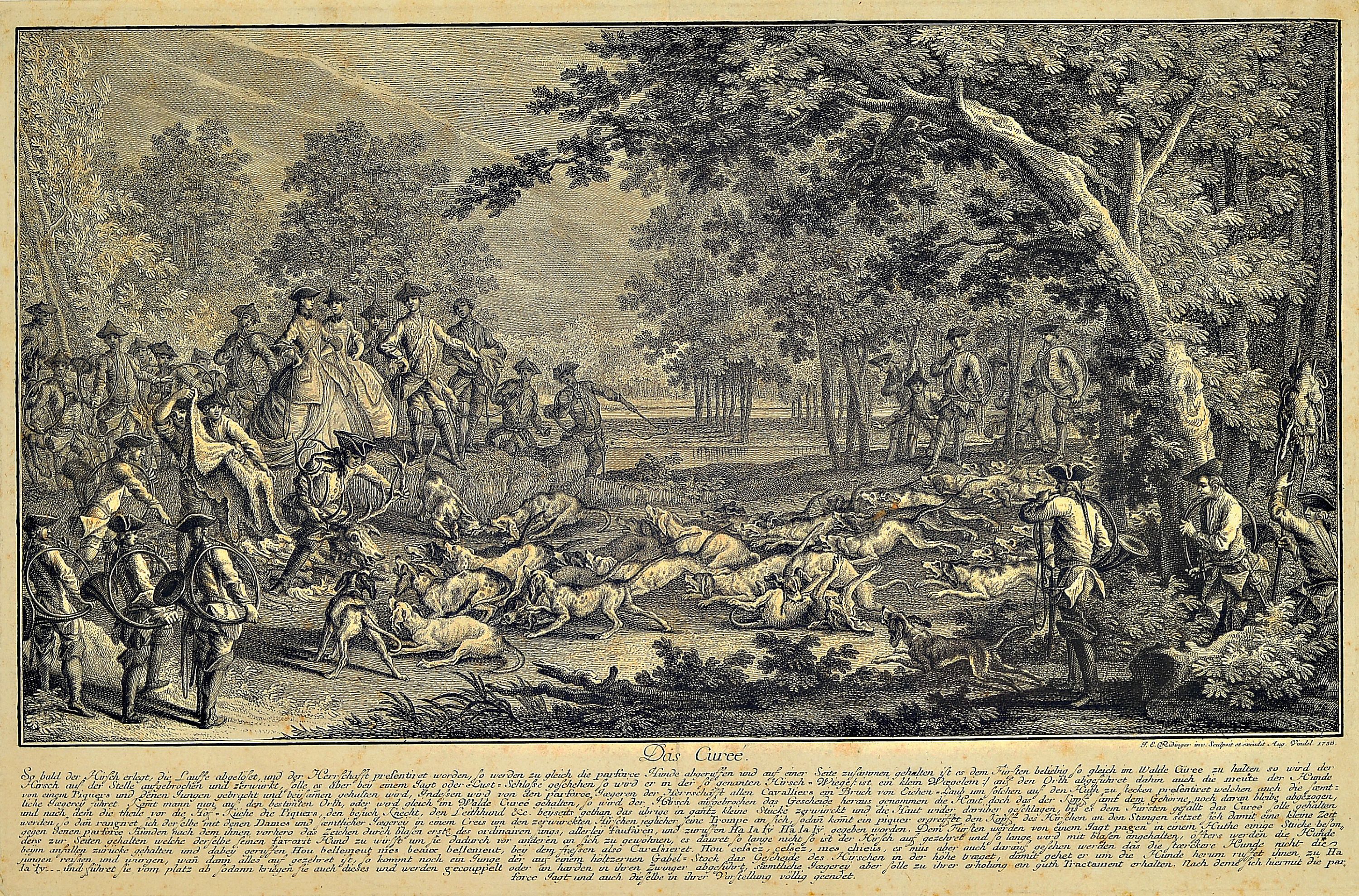 Detail a: Johannes Elias Ridinger, zwei Kupferstiche, Der Hirsch wird, von denen Parforce Hunden angefallen..., und Das Curreé, beide unter Glas, Rahmen, PP., ...