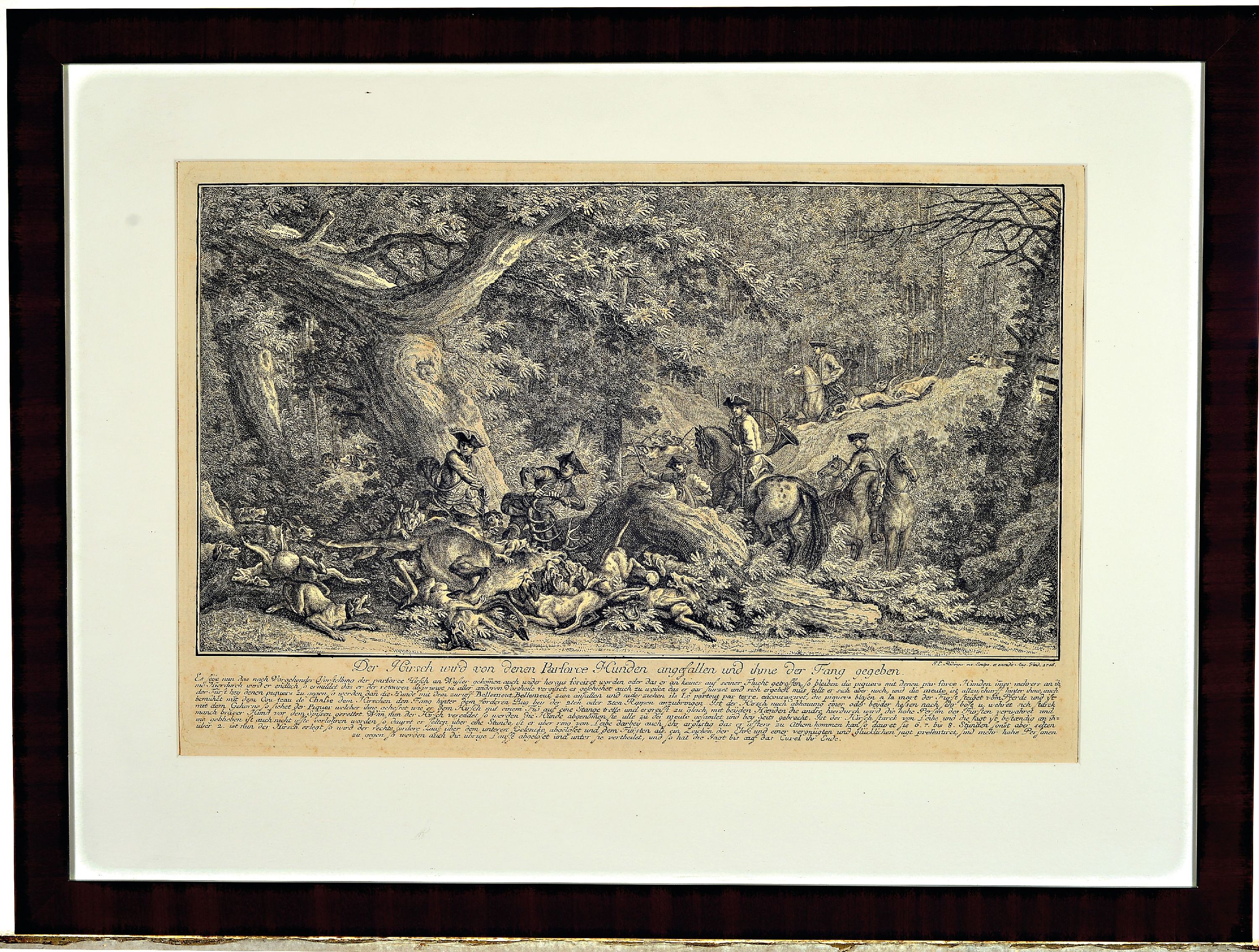 Detail k: Johannes Elias Ridinger, zwei Kupferstiche, Der Hirsch wird, von denen Parforce Hunden angefallen..., und Das Curreé, beide unter Glas, Rahmen, PP., ...