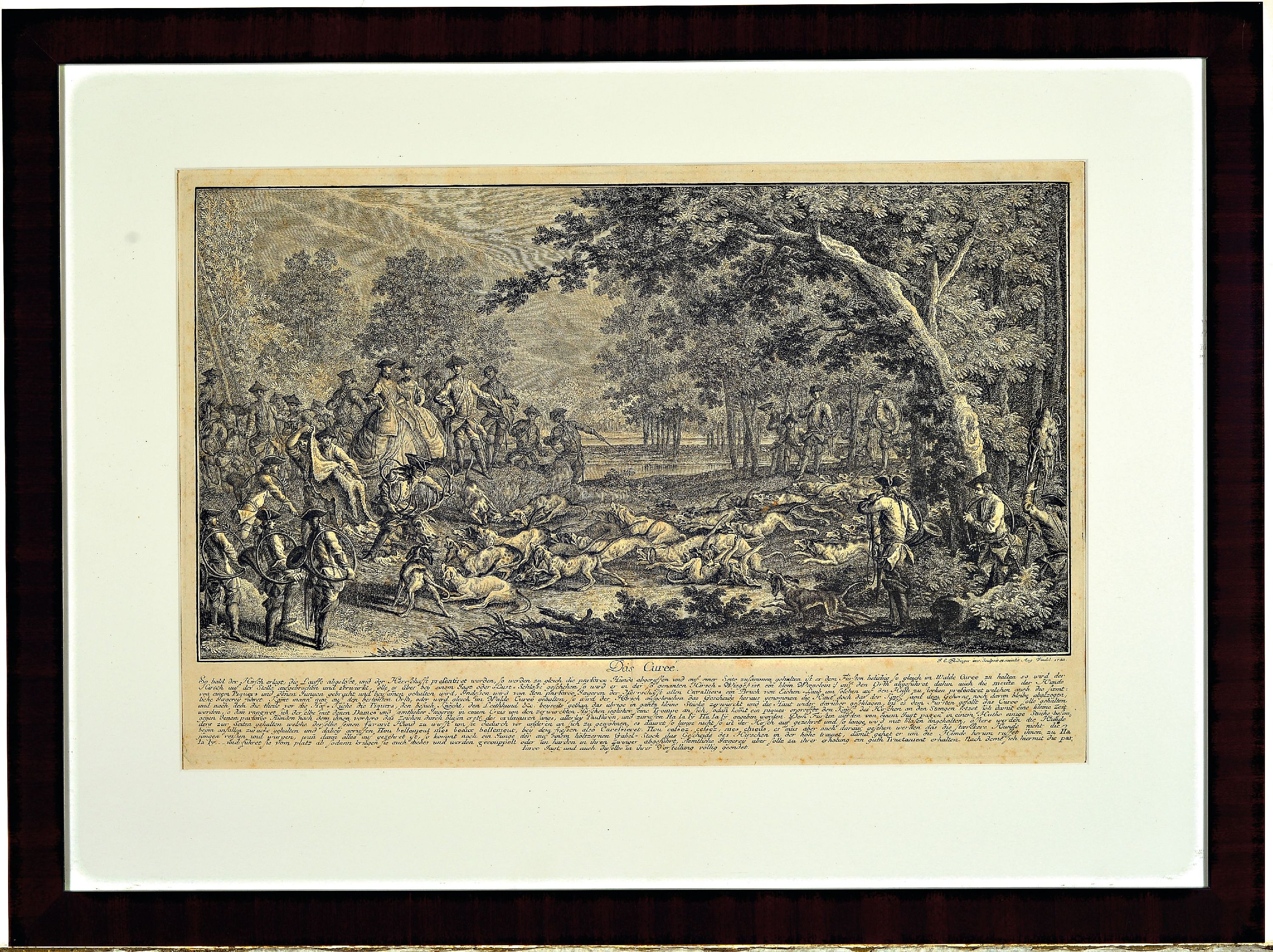 Detail l: Johannes Elias Ridinger, zwei Kupferstiche, Der Hirsch wird, von denen Parforce Hunden angefallen..., und Das Curreé, beide unter Glas, Rahmen, PP., ...