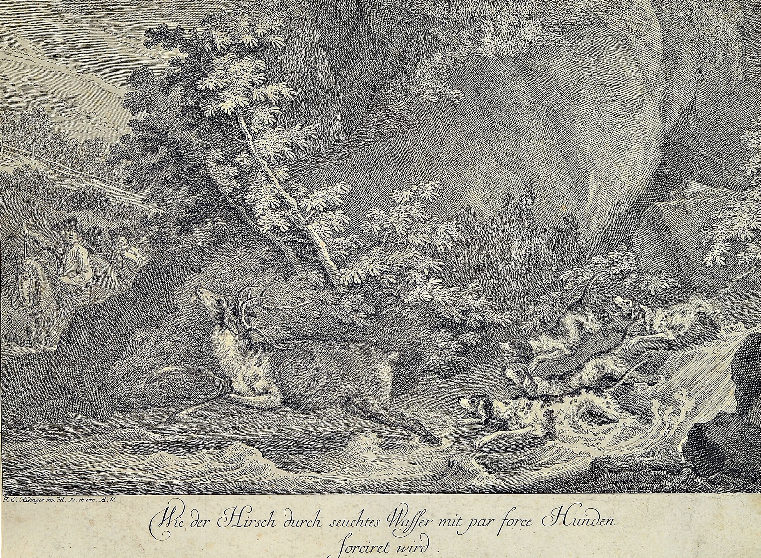 Detail a: Johann Elias Ridinger, 1698 - 1767, 4 Kupferstiche, Die Gems auf der Salnhecke zu Pürschen, ca. 33 x 41 cm, unter Glas, PP., Rahmen ca. 48 x54 cm, ...