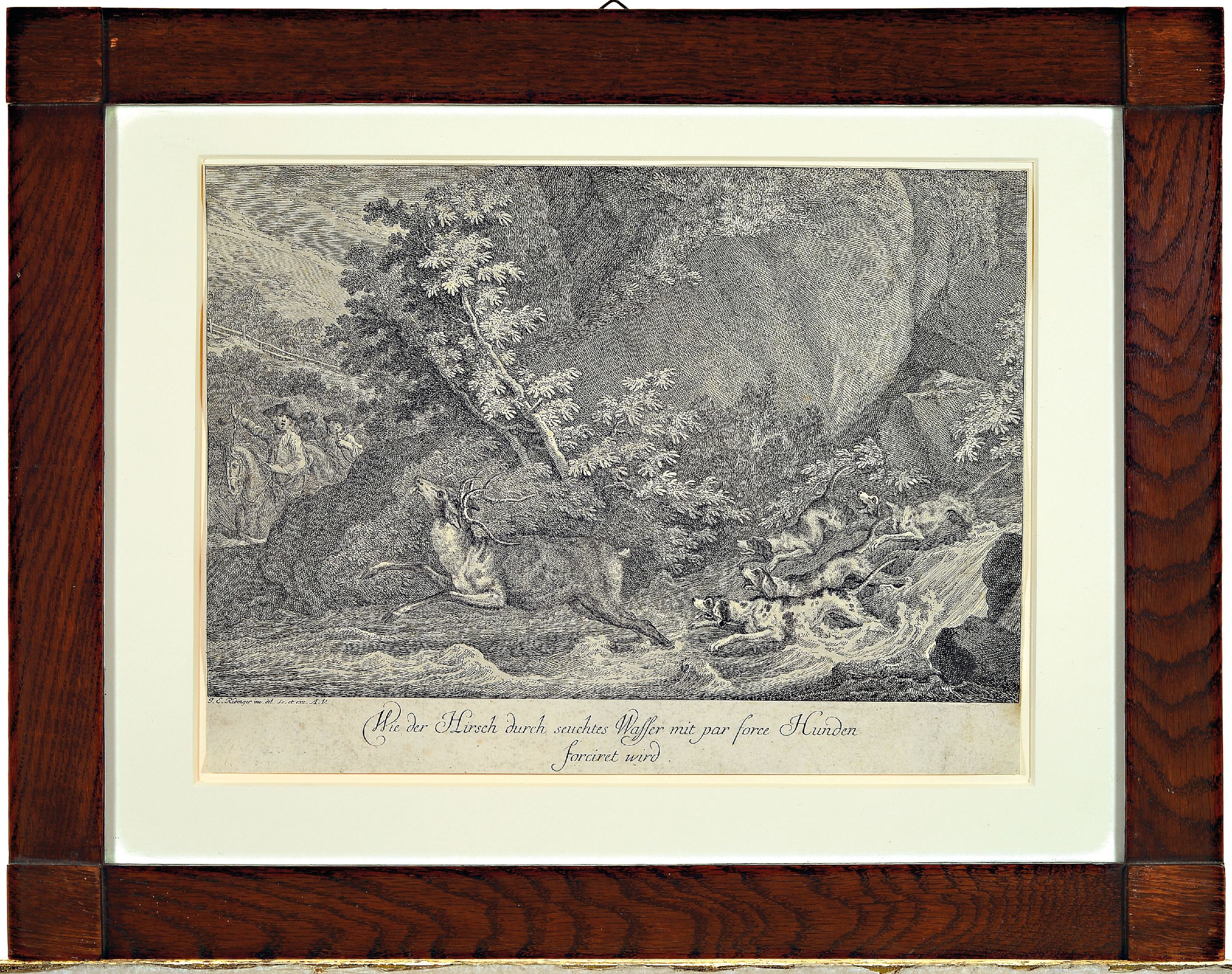 Detail l: Johann Elias Ridinger, 1698 - 1767, 4 Kupferstiche, Die Gems auf der Salnhecke zu Pürschen, ca. 33 x 41 cm, unter Glas, PP., Rahmen ca. 48 x54 cm, ...