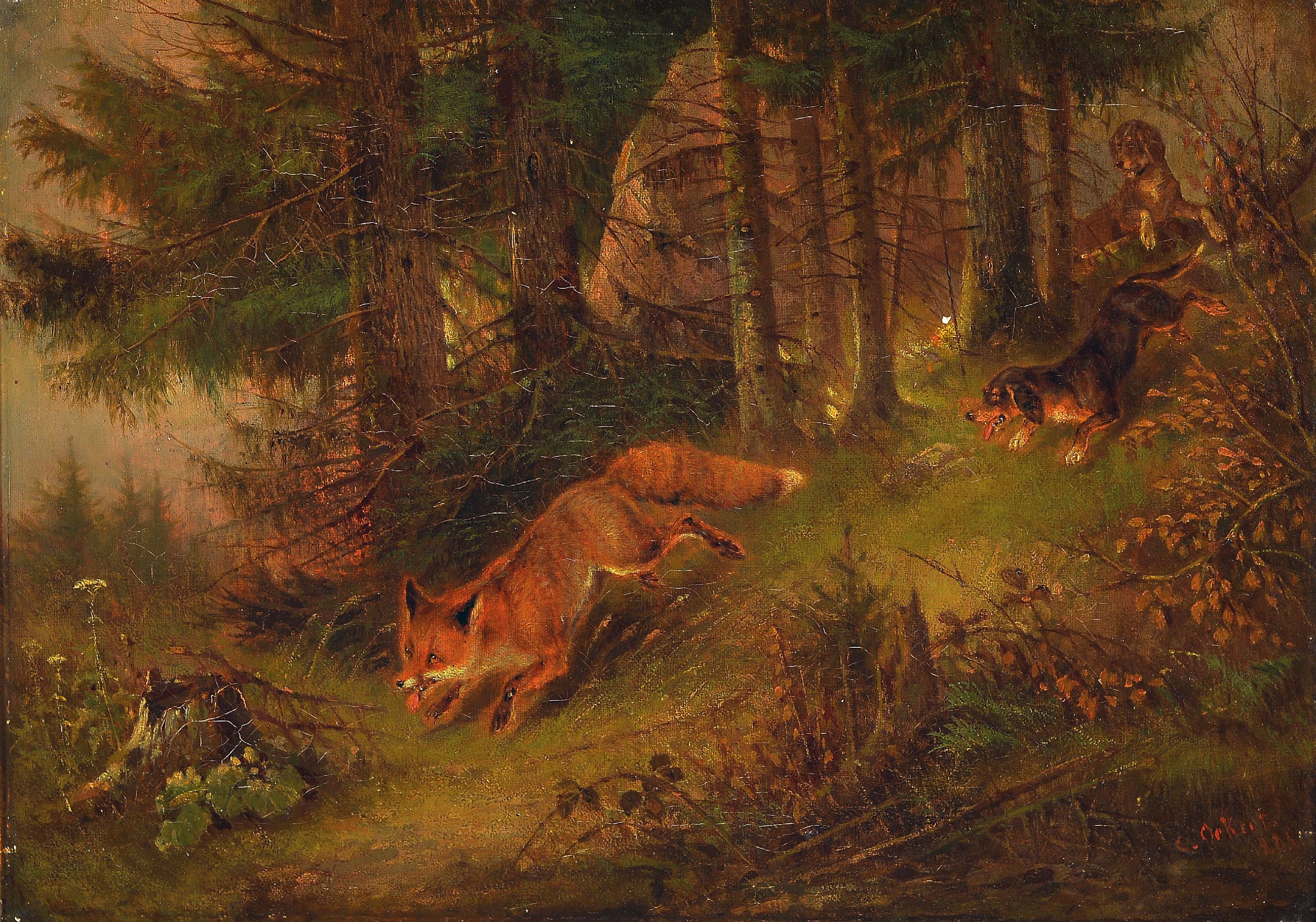 Image 26983745 - Karl Friedrich Ockert, 1825 - 1899, , Fuchsjagd, Jagdhunde treiben einen Fuchs, Öl/Lwd, ...