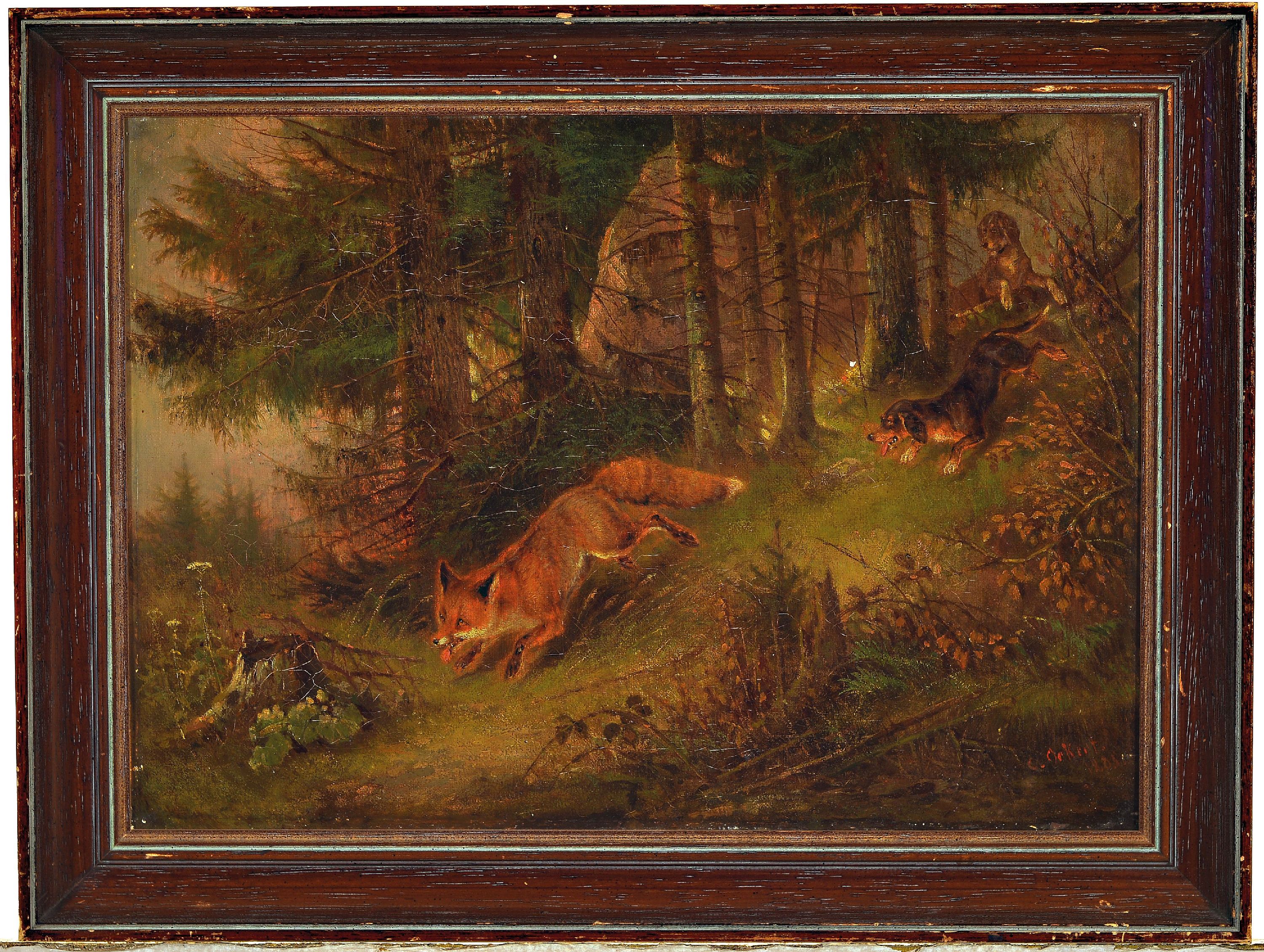 Detail k: Karl Friedrich Ockert, 1825 - 1899,, Fuchsjagd, Jagdhunde treiben einen Fuchs, Öl/Lwd, signiert, l. Altersspuren, kl. Farbfehlstelle, ca. 32.5 x44.5 ...