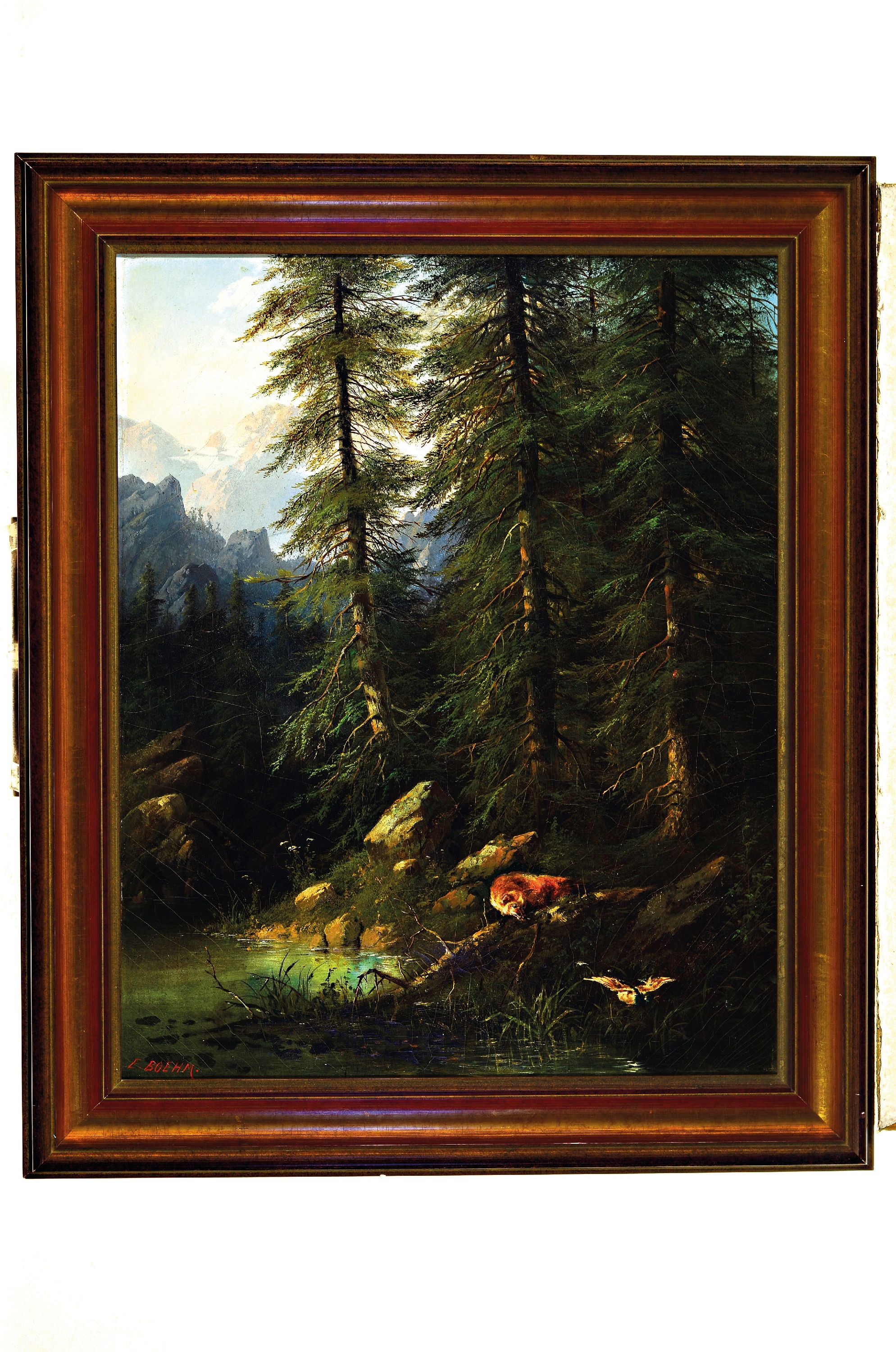 Detail k: Eduard Boehm, 1830 Wien - 1890, Gebirgssee mit Fuchs und Ente, Öl/Lwd, 68 x 55 cm, Rahmen