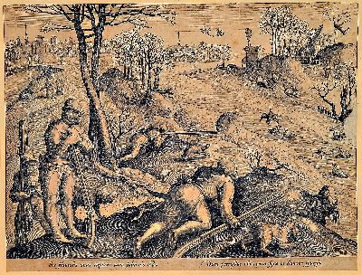 26983739b - Johannes Stradanus, 1523 - 1605, vier Kupferstiche, Markt, Jagdszenen, leichte ...