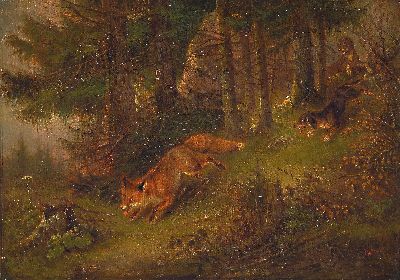 Image Karl Friedrich Ockert, 1825 - 1899, , Fuchsjagd, Jagdhunde treiben einen Fuchs, Öl/Lwd, ...