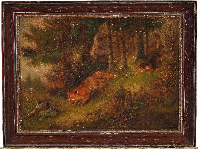26983745k - Karl Friedrich Ockert, 1825 - 1899, , Fuchsjagd, Jagdhunde treiben einen Fuchs, Öl/Lwd, ...