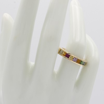 26983764b - Ring mit Farbsteinen, GG 585/000, 10 Farb- steincarrées in Regenbogenfarben, Aquamarin, ...