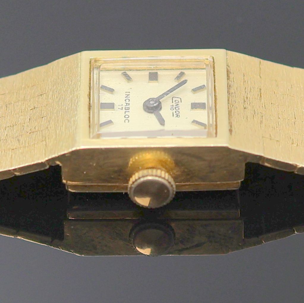 Detail e: CONDOR 110 Damenarmbanduhr in GG 750/000, Handaufzug, Schweiz um 1965, Goldband, Boden aufgedr., gold. Zifferbl. m. aufges. Std.- Ind., Kal. AS 1977, ...