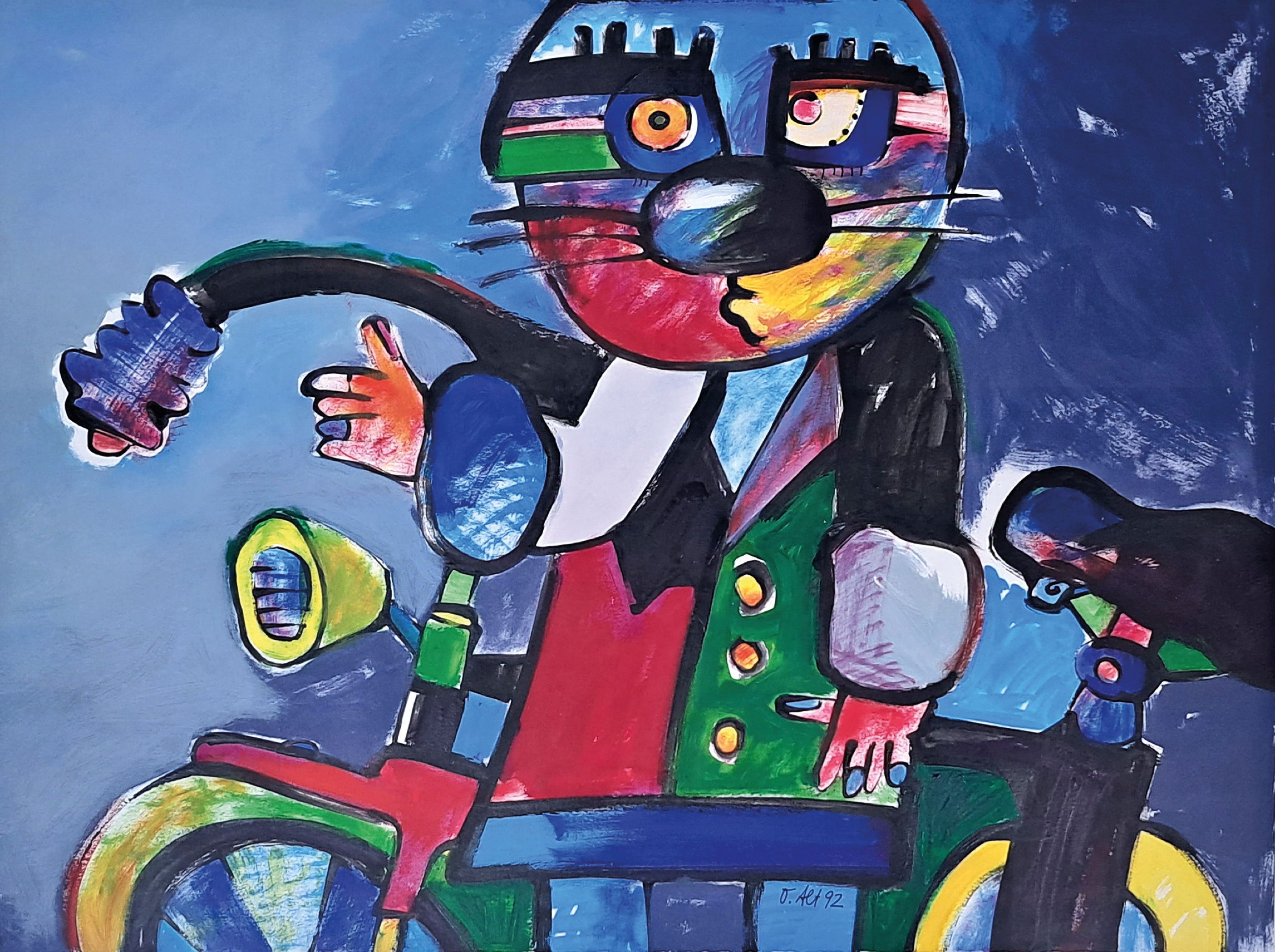 Detail k: Otmar Alt, geb. 1940, großformatiges Aquarell, Katze mit Fahrrad, signiert und dat. 92, ca. 56 x 75 cm, unter Glas, Rahmen min. best.