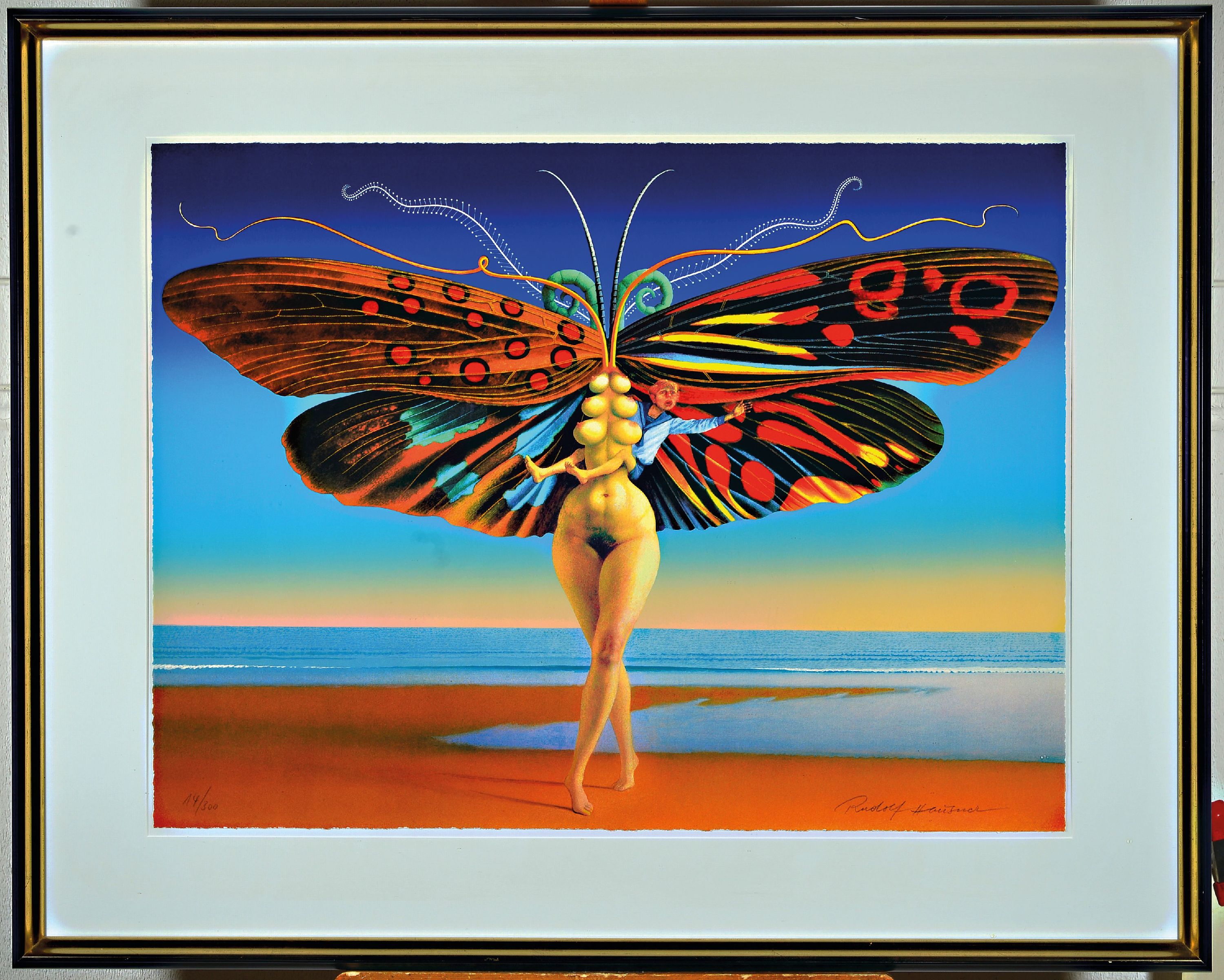 Detail k: Rudolf Hausner, 1914 - 1995, Farblitho, Schmetterlingsfrau, num. 14/300, handsigniert re. u., ca. 60 x 80 cm, PP., unter Glas, Rahmen ca. 85 x 106 cm