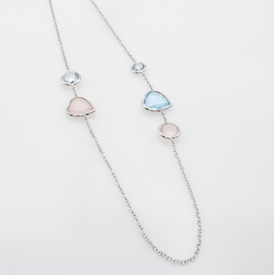 Image 26983858 - Lange Kette mit Blautopasen und Rosenquarzen, WG 585/000, runde u. herzförmige ...